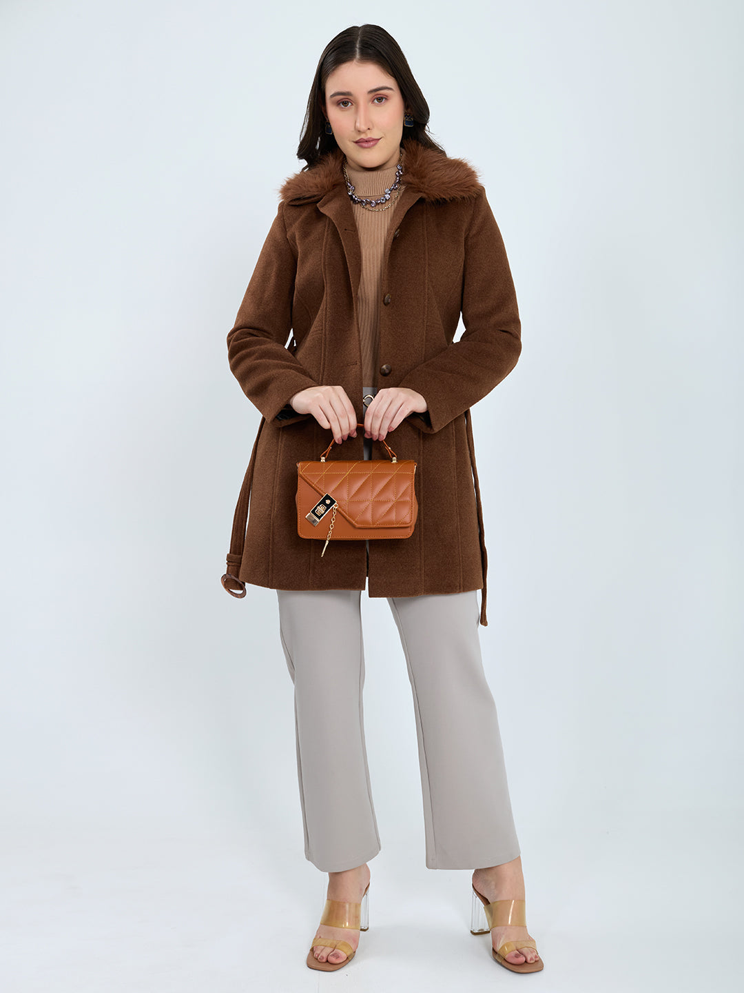 Women Rust Solid Collar Full Sleeve Long Coat