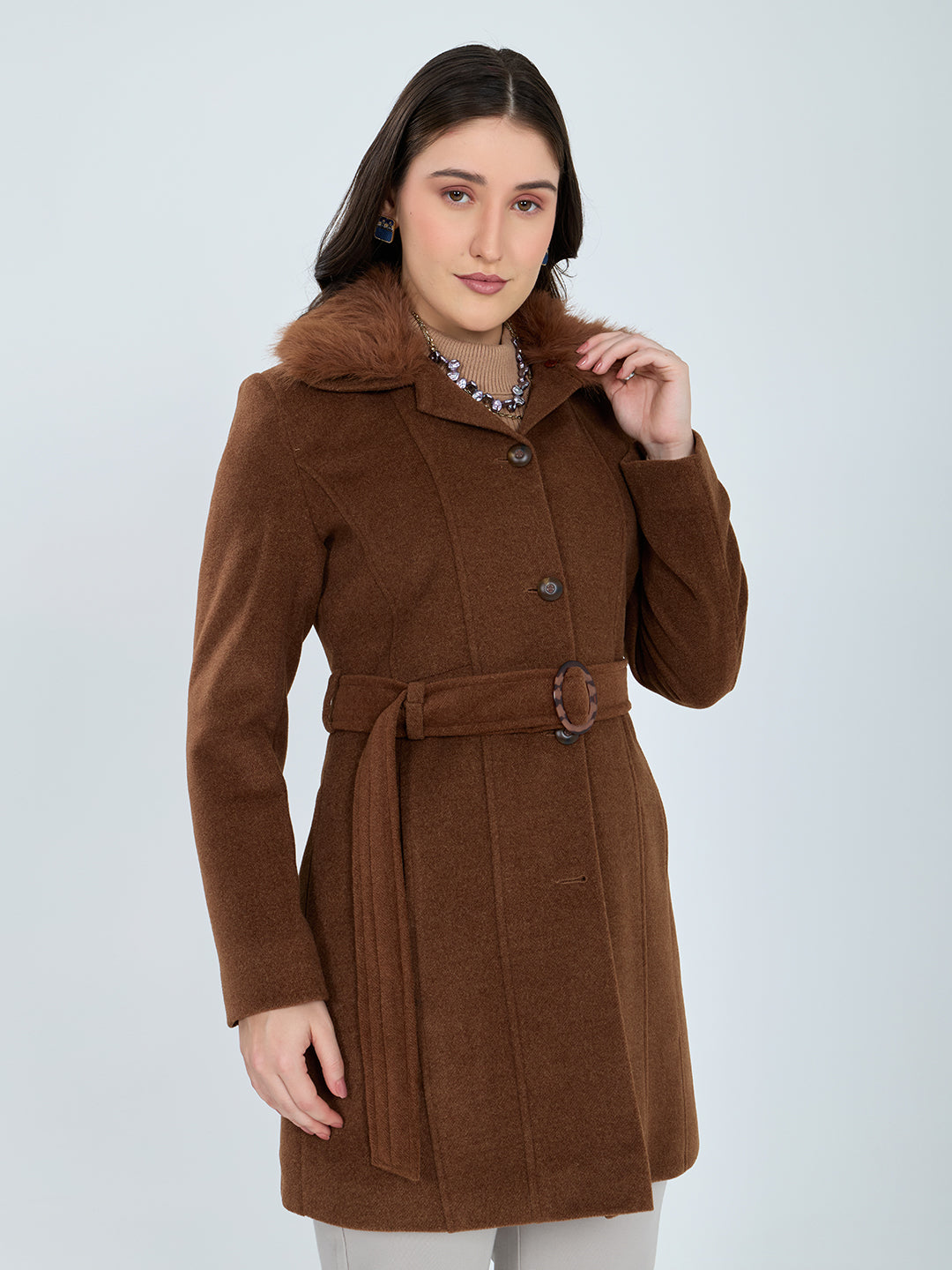 Women Rust Solid Collar Full Sleeve Long Coat