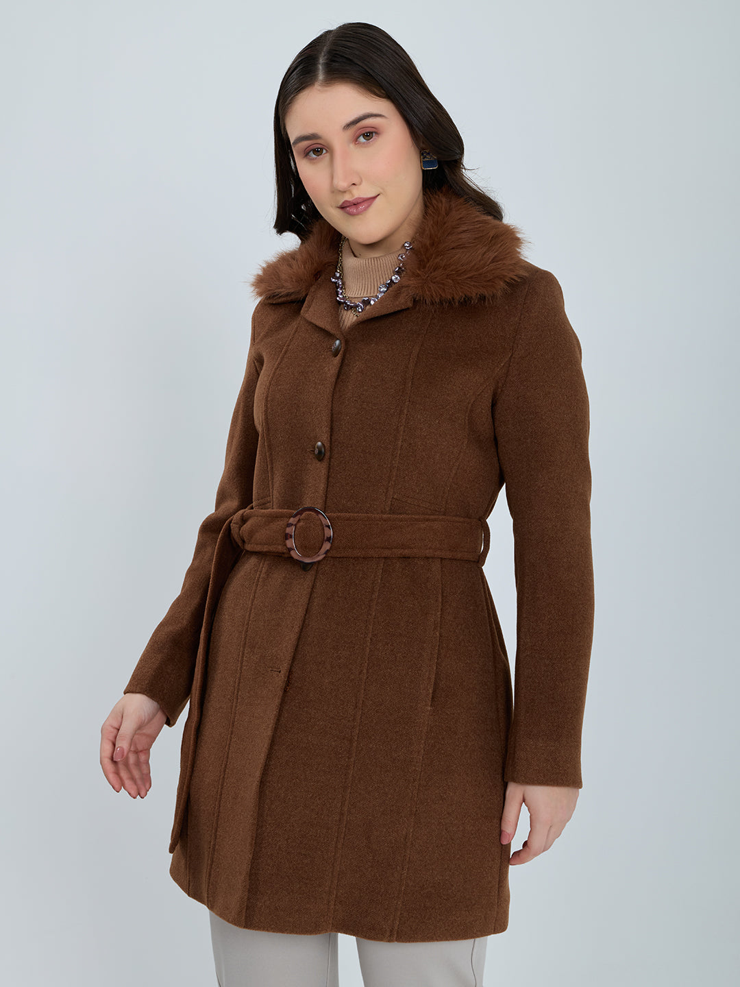 Women Rust Solid Collar Full Sleeve Long Coat