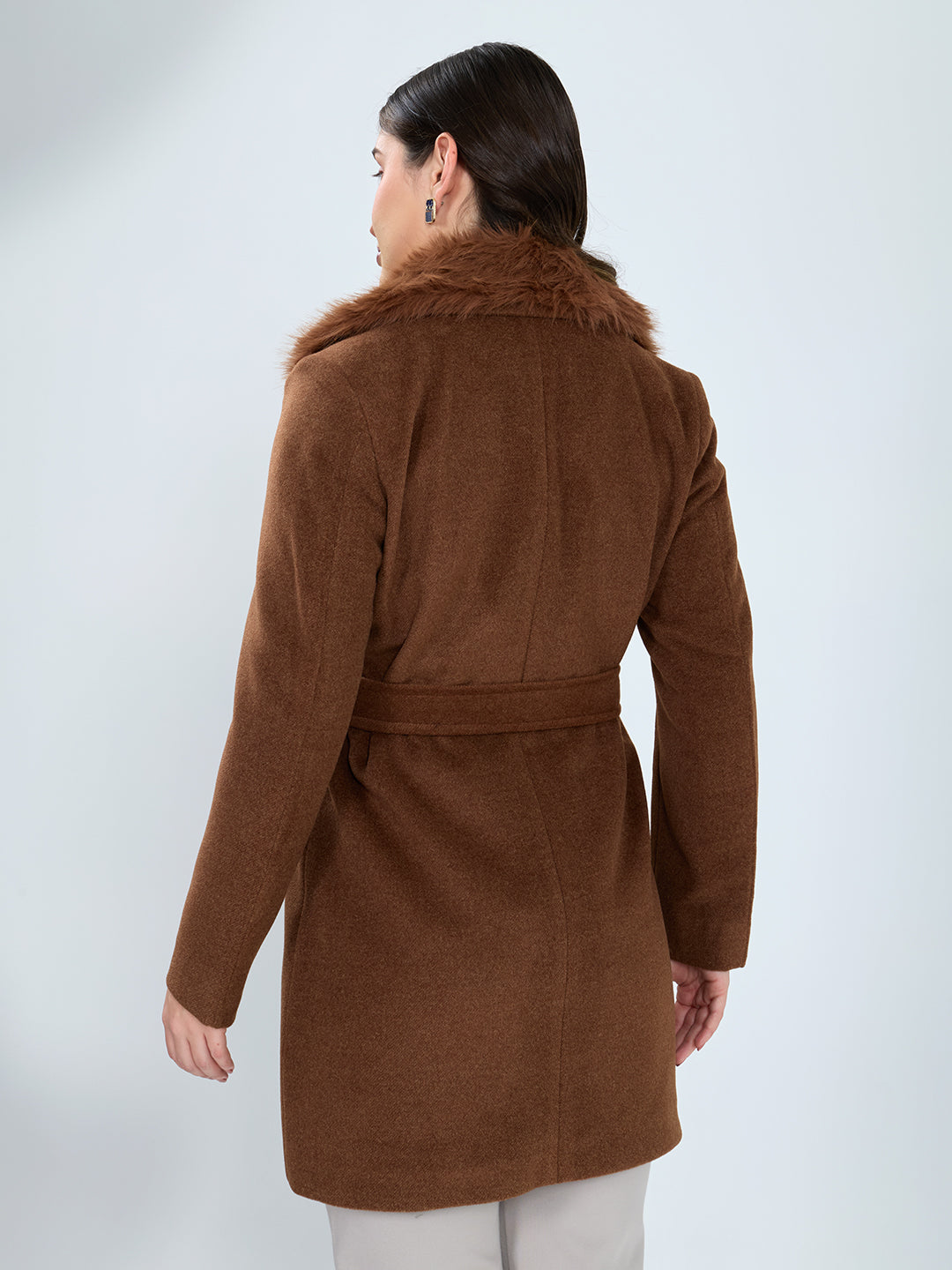 Women Rust Solid Collar Full Sleeve Long Coat