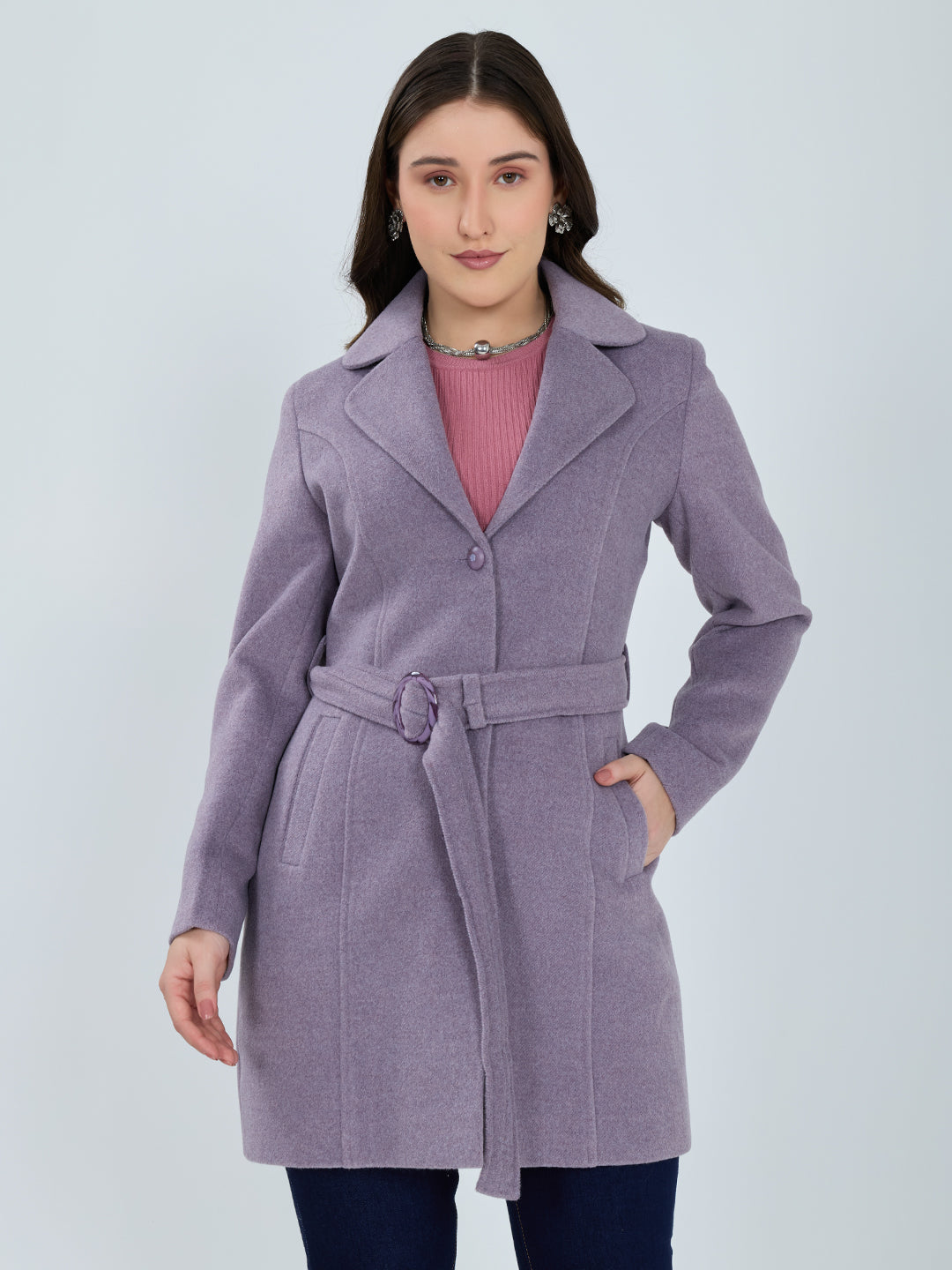 Women Purple Solid Lapel Collar Full Sleeve Long Coat