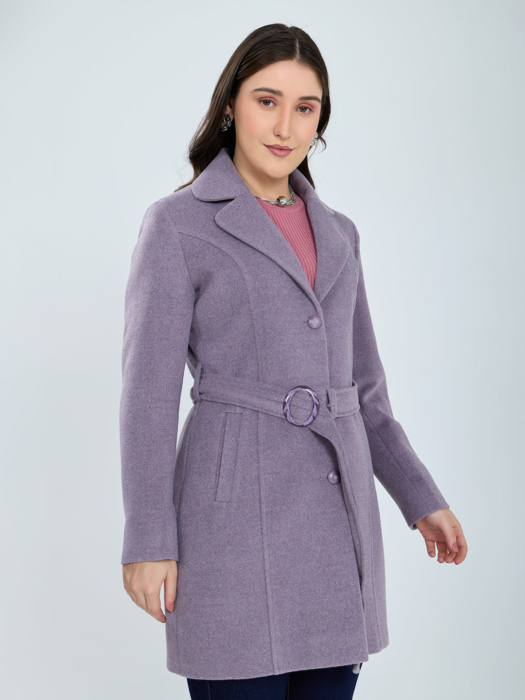 Women Purple Solid Lapel Collar Full Sleeve Long Coat
