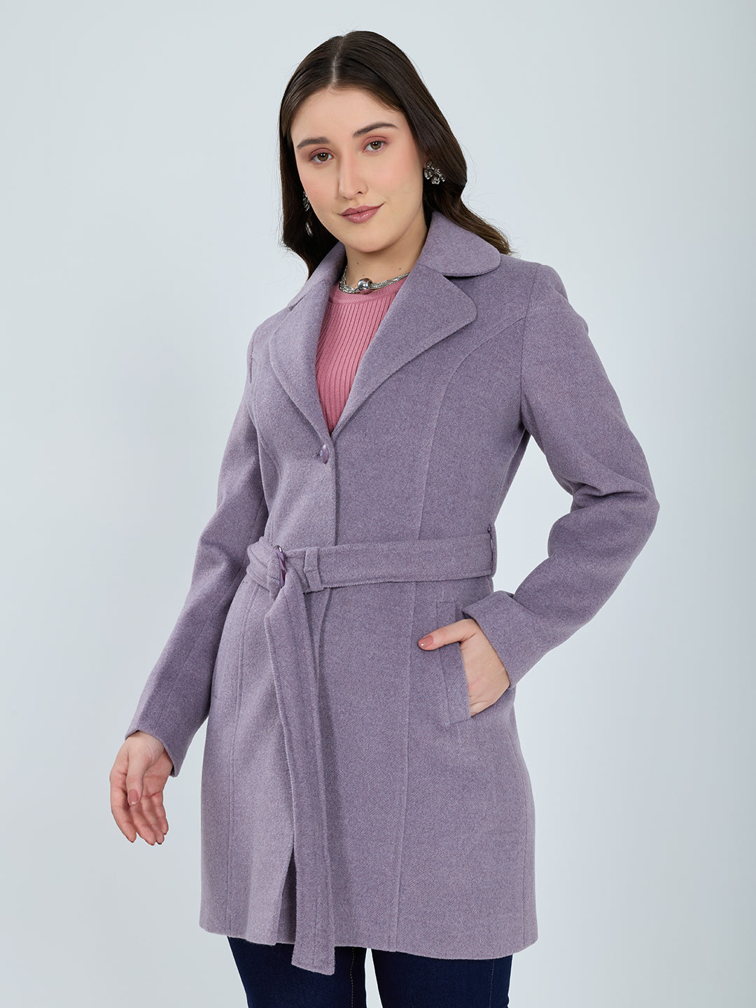Women Purple Solid Lapel Collar Full Sleeve Long Coat