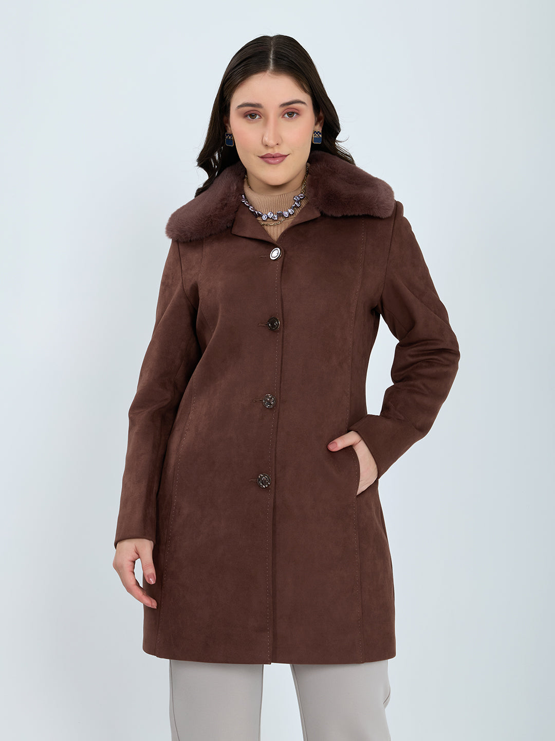 Women Brown Solid Collar Full Sleeve Long Coat