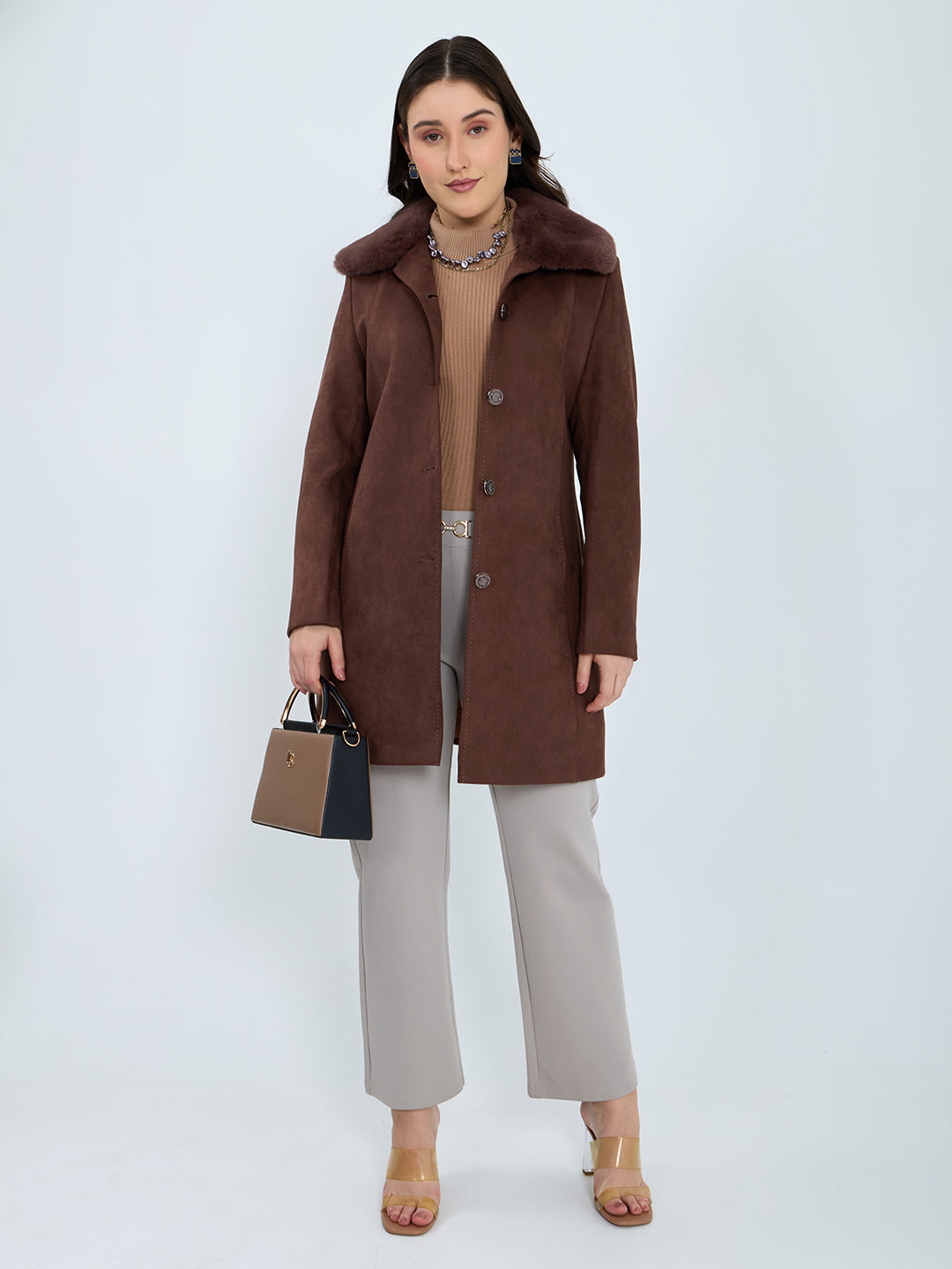 Women Brown Solid Collar Full Sleeve Long Coat