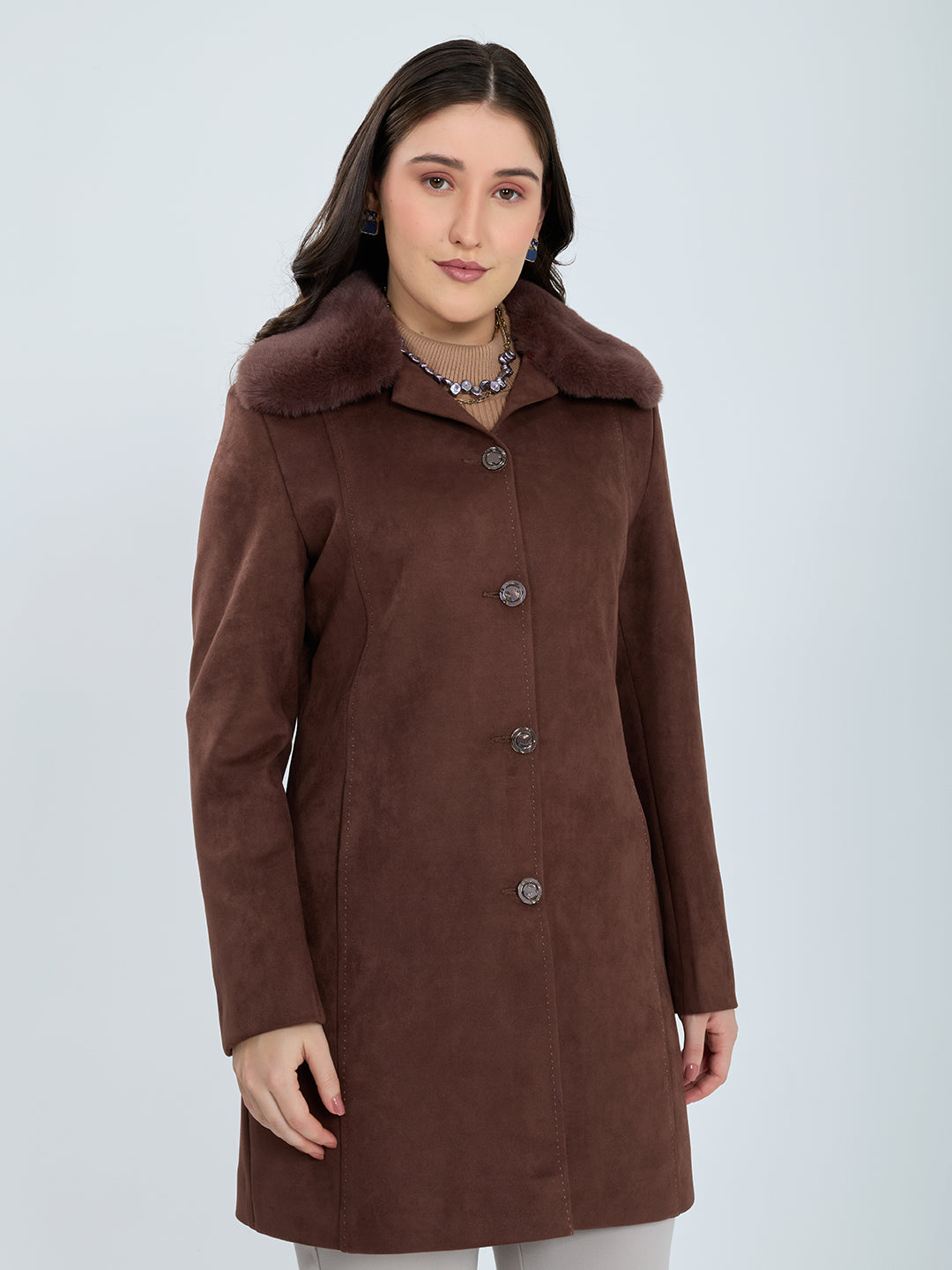 Women Brown Solid Collar Full Sleeve Long Coat