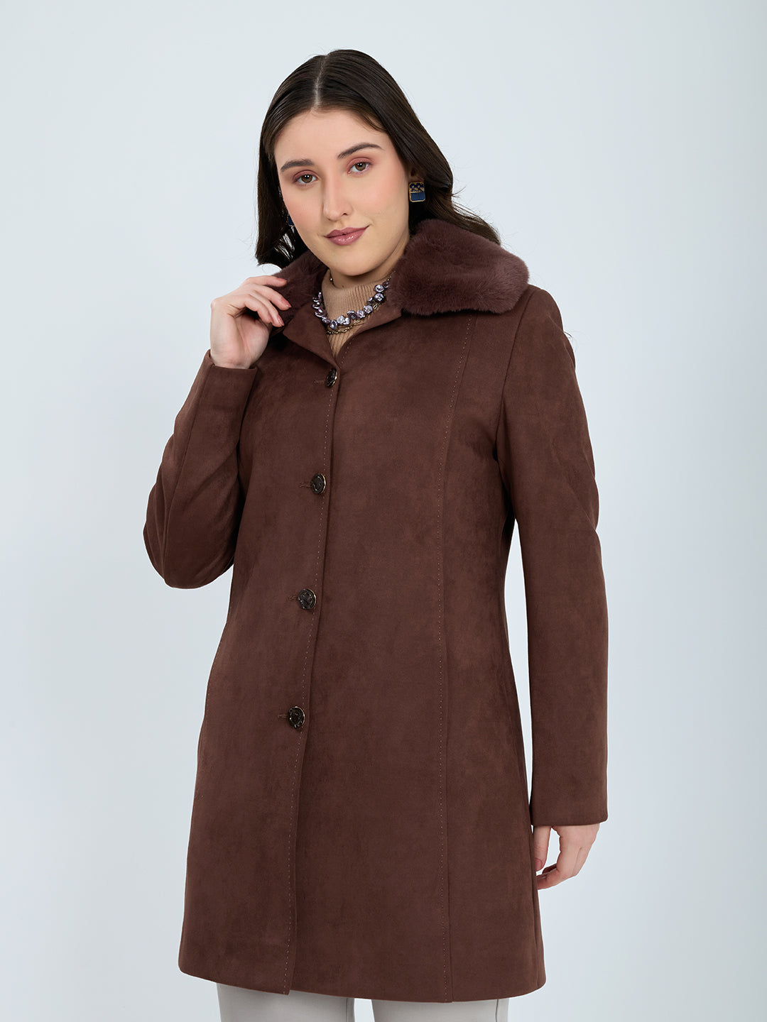 Women Brown Solid Collar Full Sleeve Long Coat