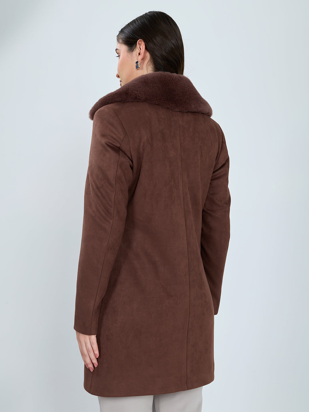 Women Brown Solid Collar Full Sleeve Long Coat
