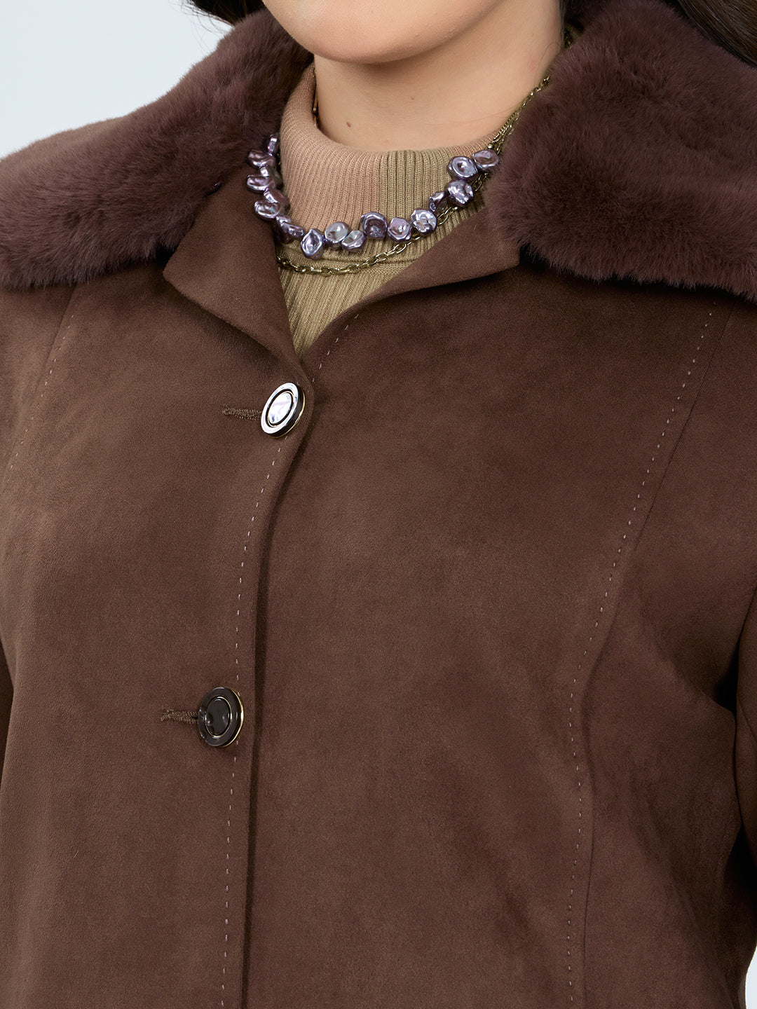 Women Brown Solid Collar Full Sleeve Long Coat