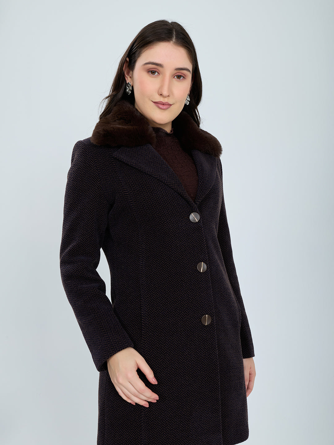 Women Grey Self Design Fur Collar Full Sleeve Coat