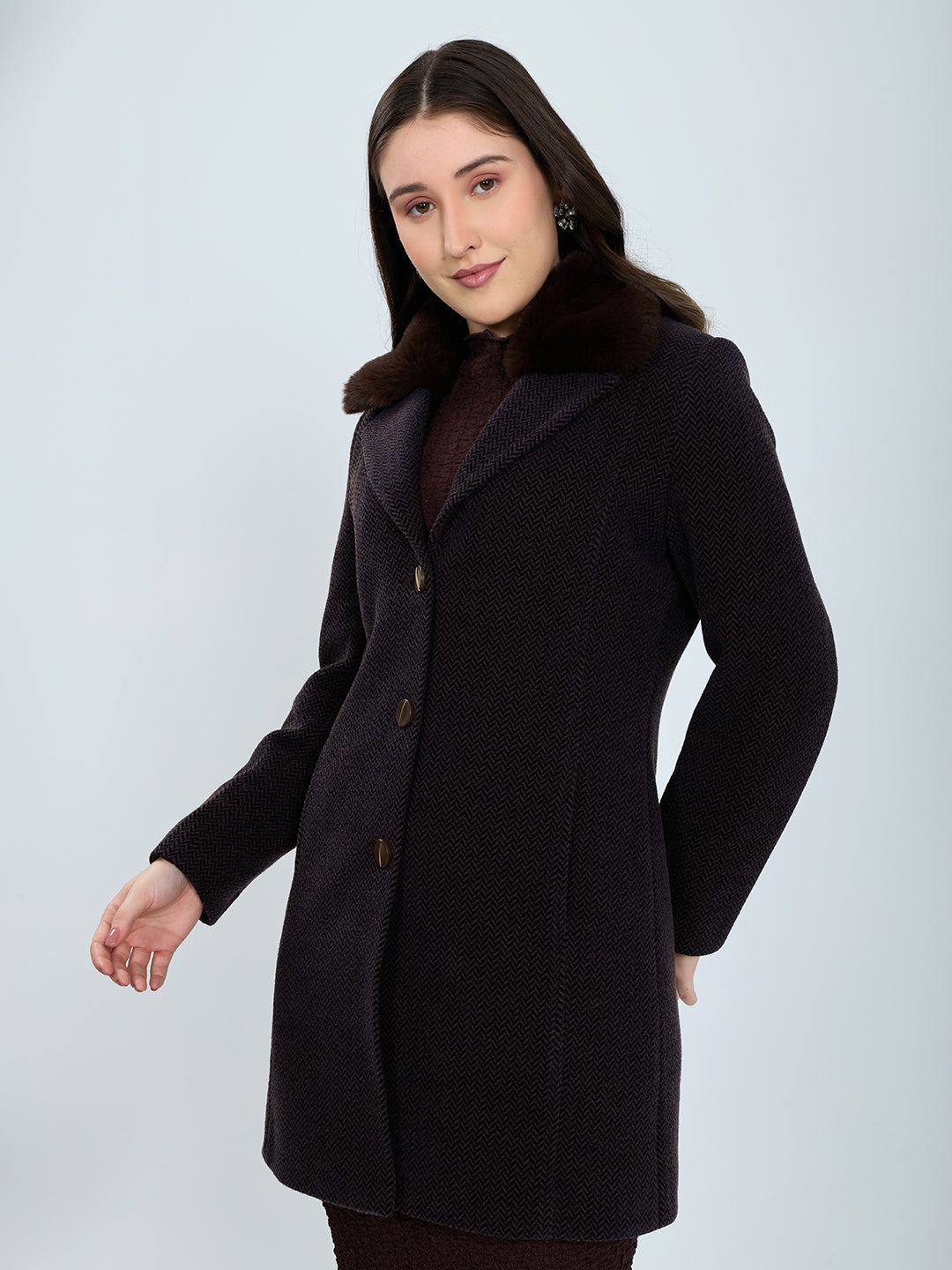 Women Grey Self Design Fur Collar Full Sleeve Coat