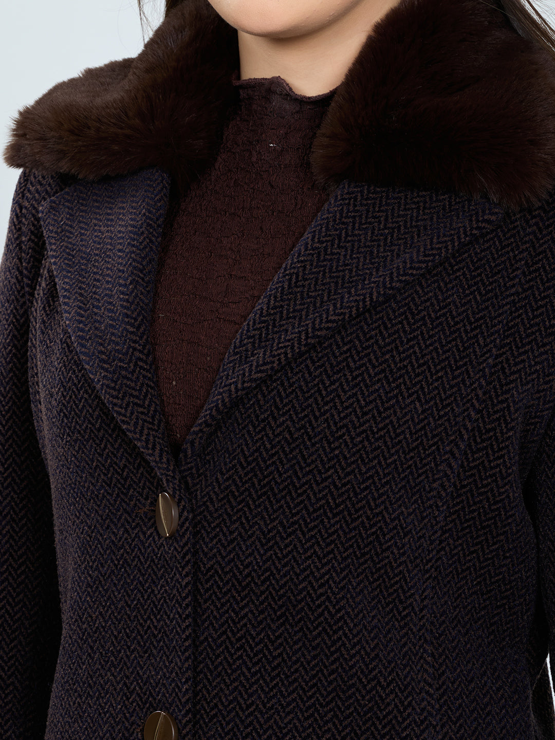 Women Grey Self Design Fur Collar Full Sleeve Coat