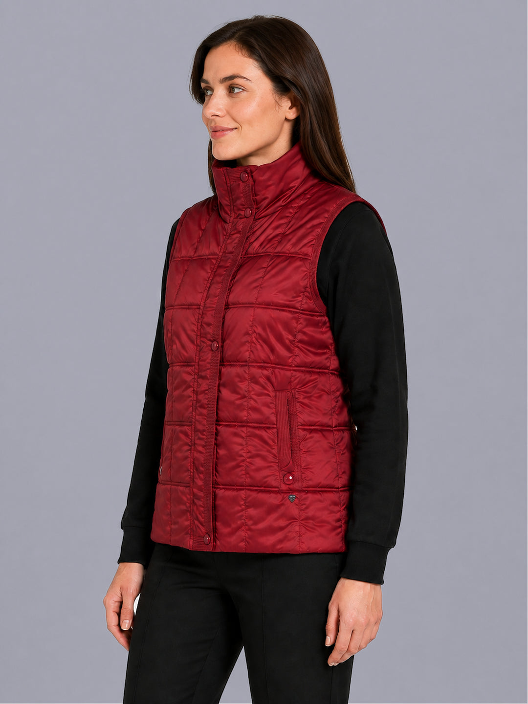 Women Maroon Solid Stand Collar Sleeveless Puffer Jacket