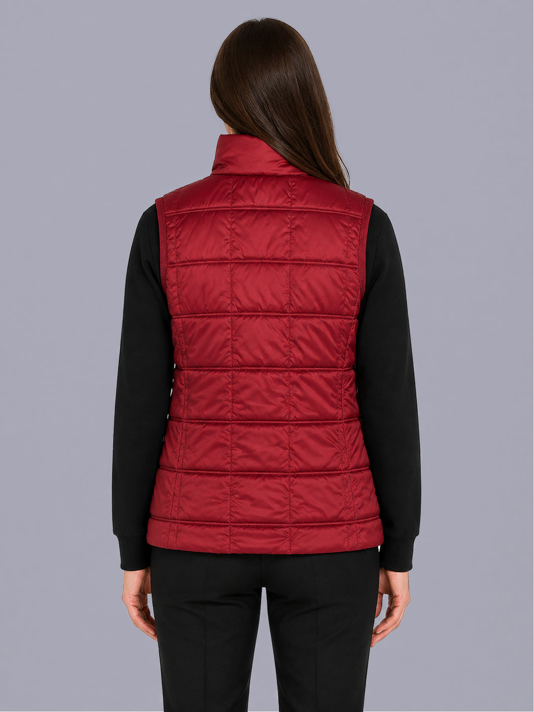 Women Maroon Solid Stand Collar Sleeveless Puffer Jacket
