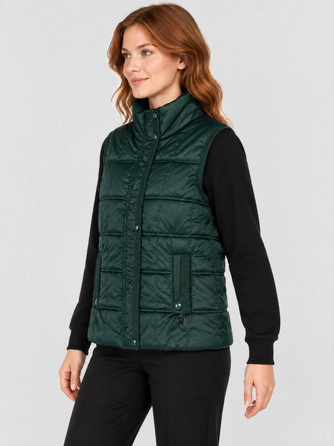 Women Green Solid Stand Collar Sleeveless Puffer Jacket