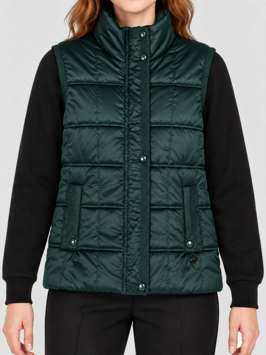 Women Green Solid Stand Collar Sleeveless Puffer Jacket
