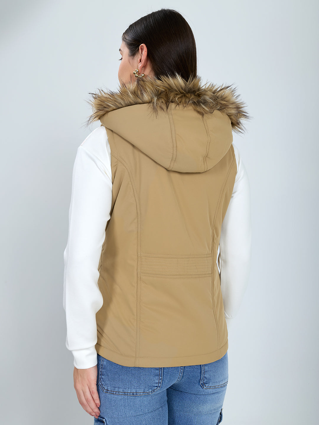 Women Khaki Solid Detachable Hood Sleeveless Jacket