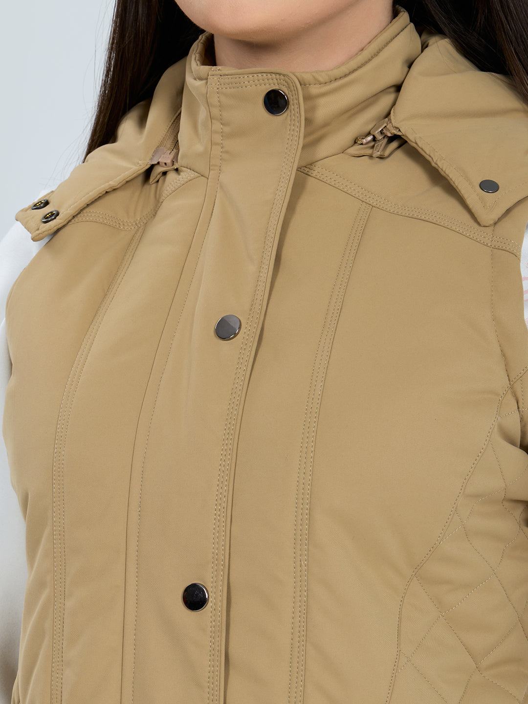Women Khaki Solid Detachable Hood Sleeveless Jacket