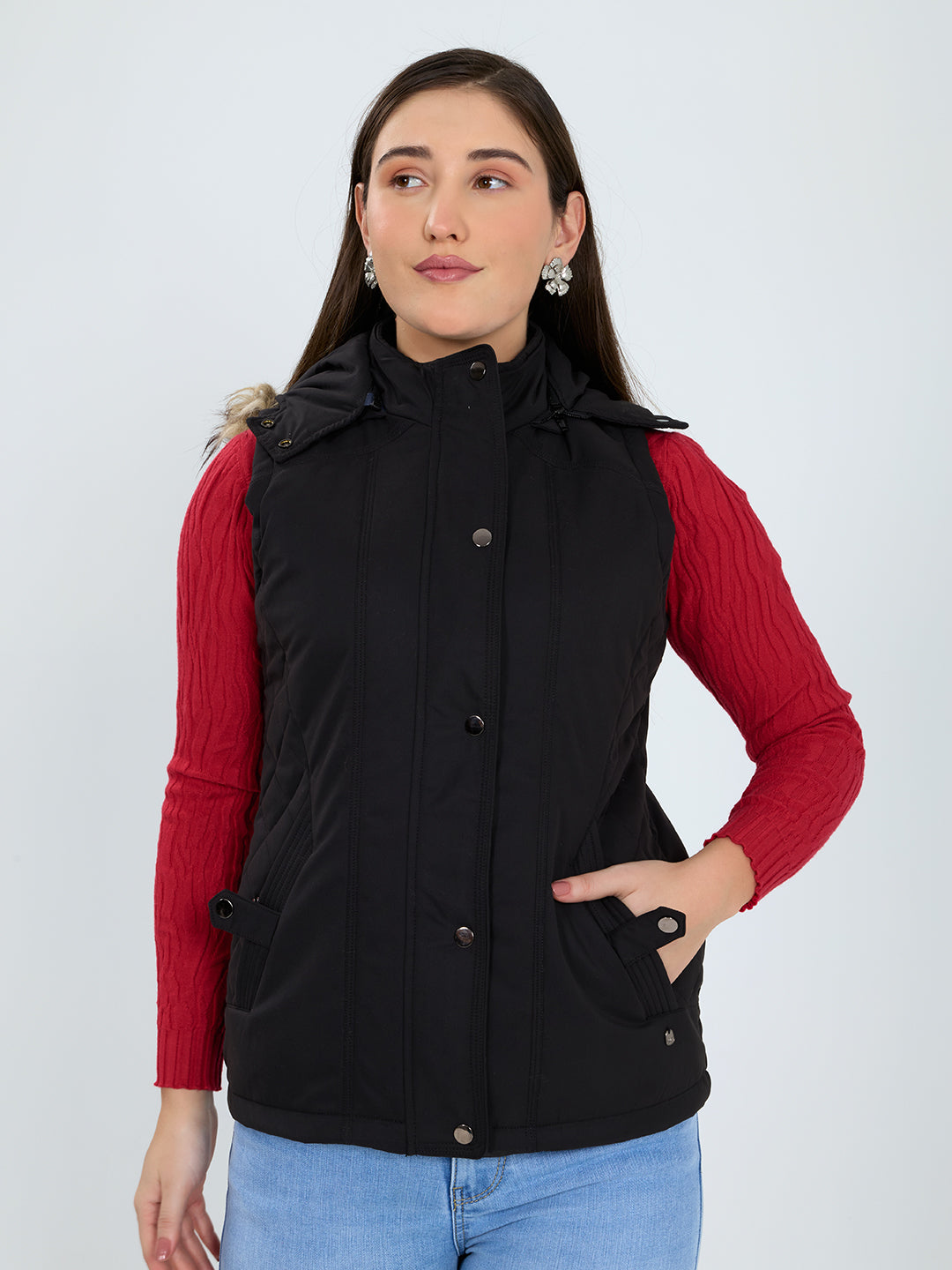 Women Black Solid Detachable Hood Sleeveless Jacket