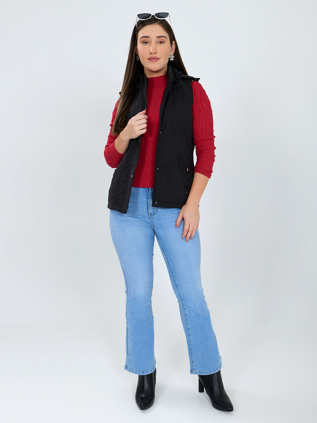 Women Black Solid Detachable Hood Sleeveless Jacket