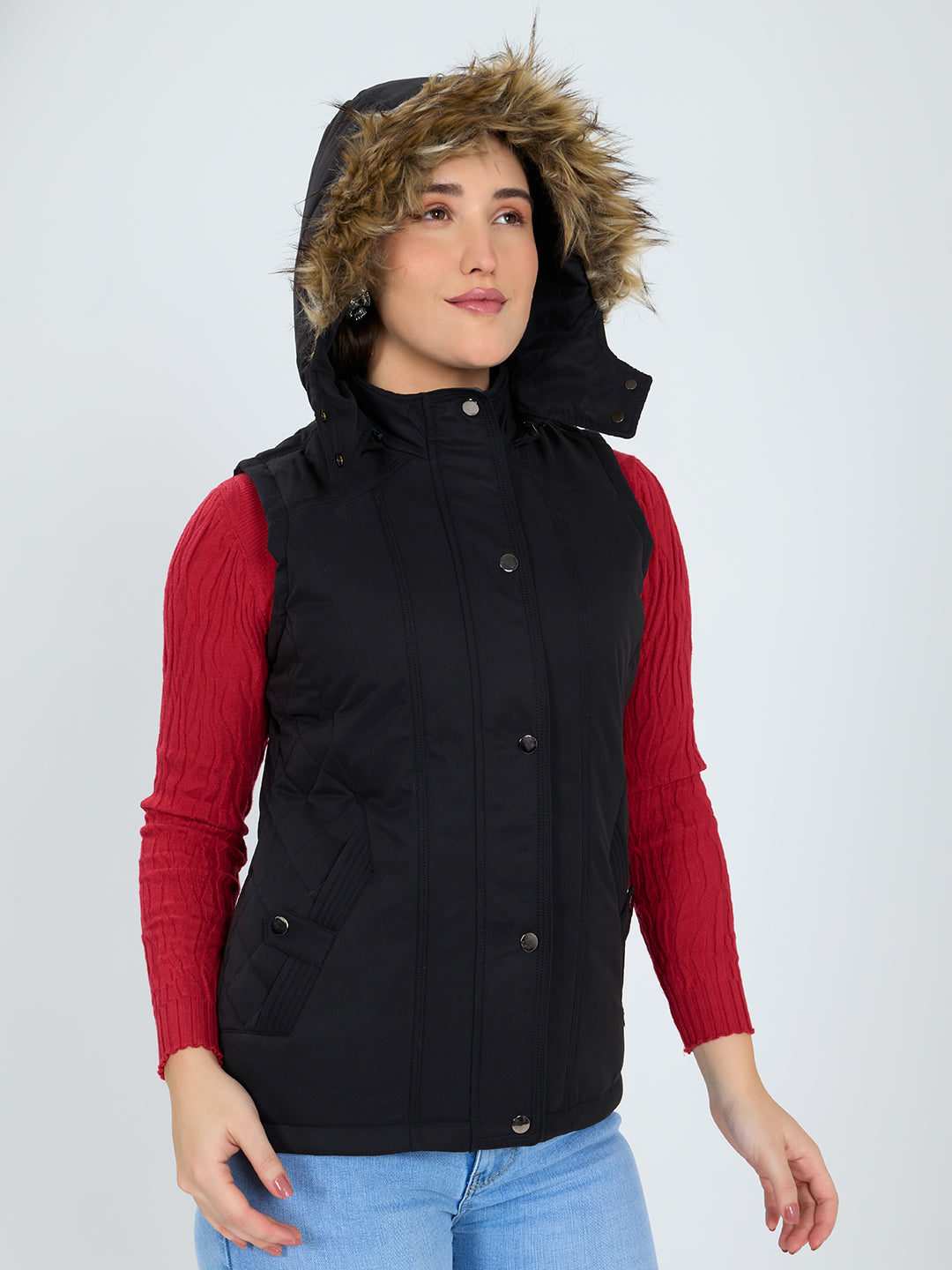 Women Black Solid Detachable Hood Sleeveless Jacket