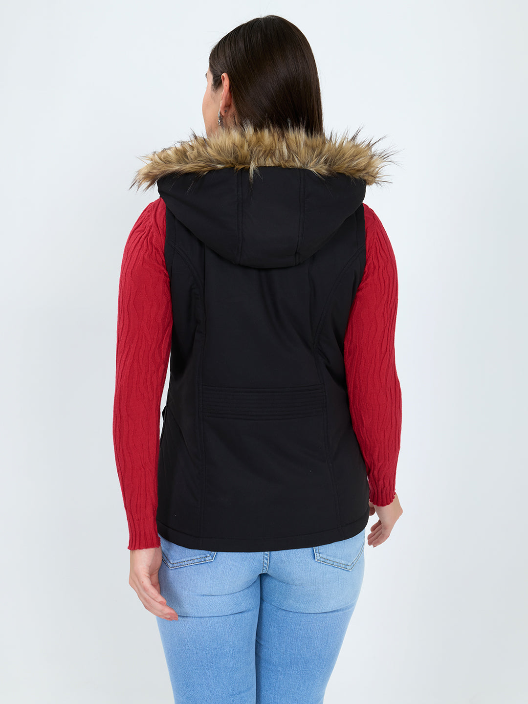 Women Black Solid Detachable Hood Sleeveless Jacket