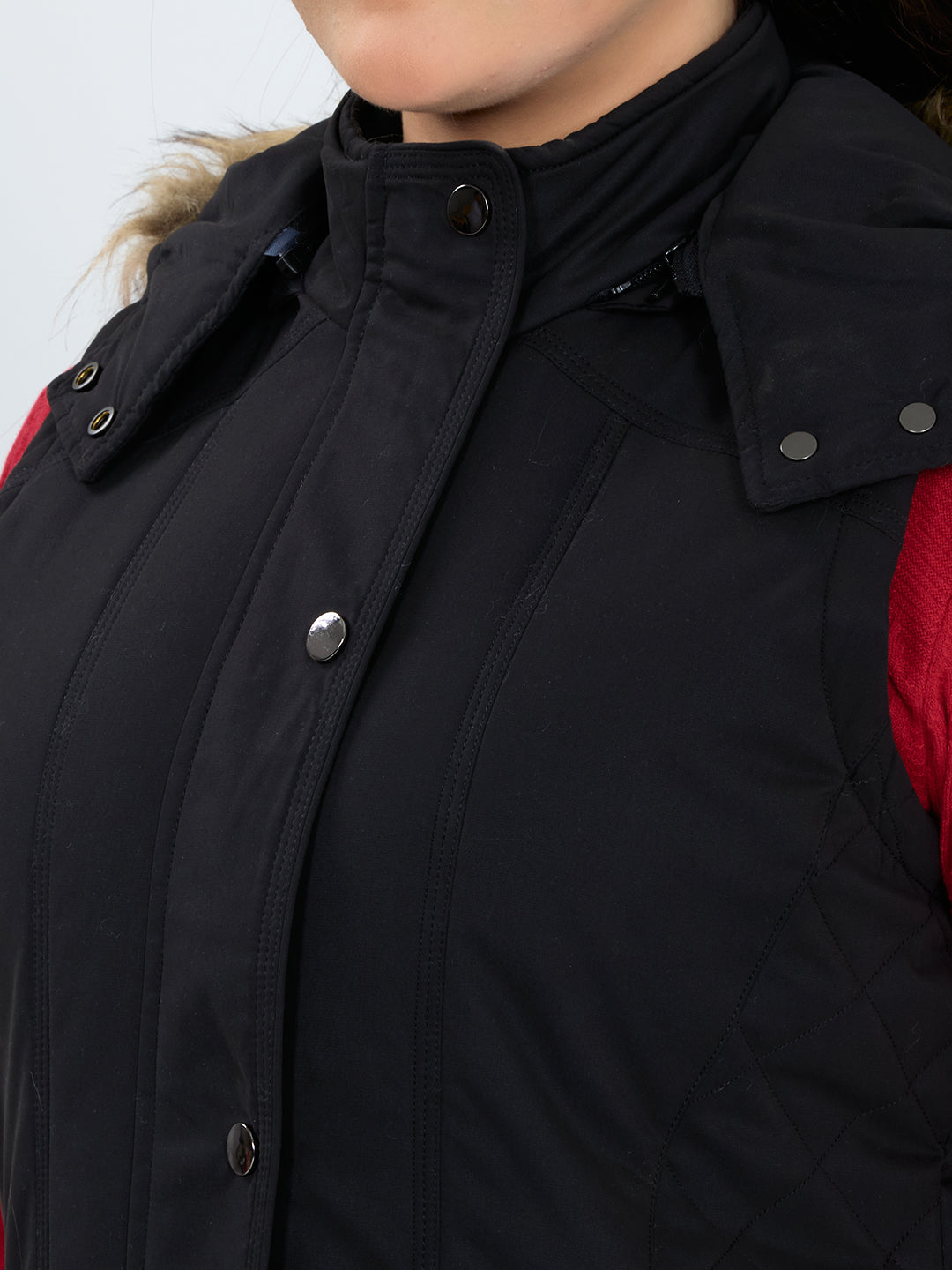 Women Black Solid Detachable Hood Sleeveless Jacket