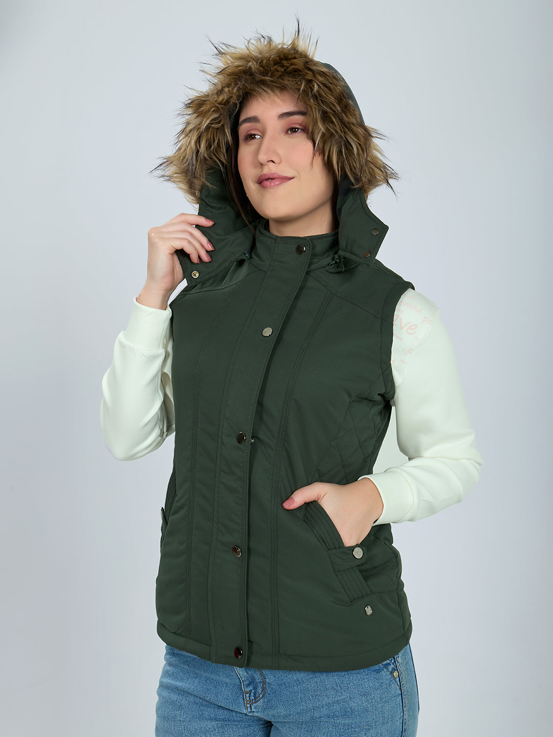 Women Green Solid Detachable Hood Sleeveless Jacket