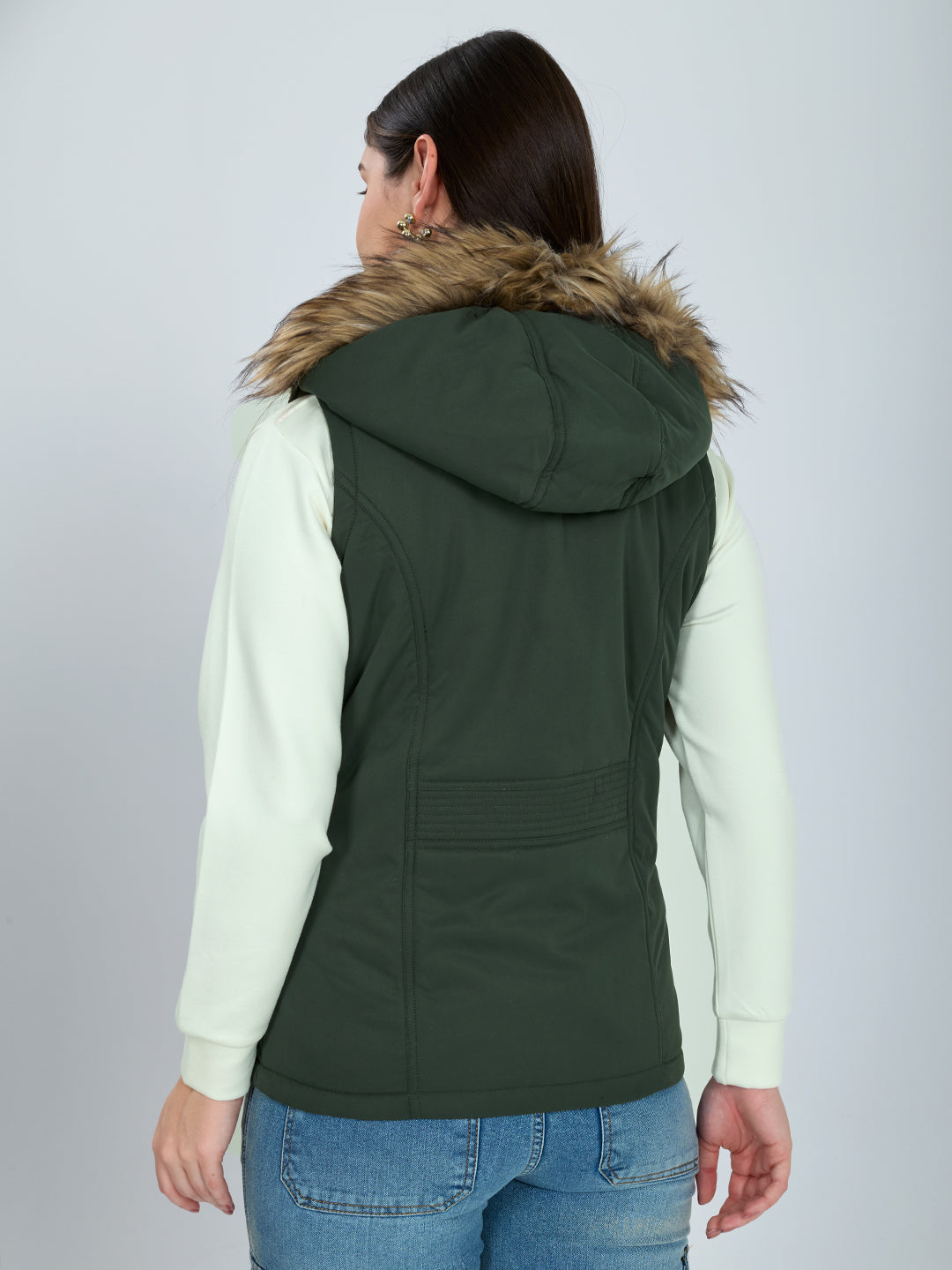 Women Green Solid Detachable Hood Sleeveless Jacket