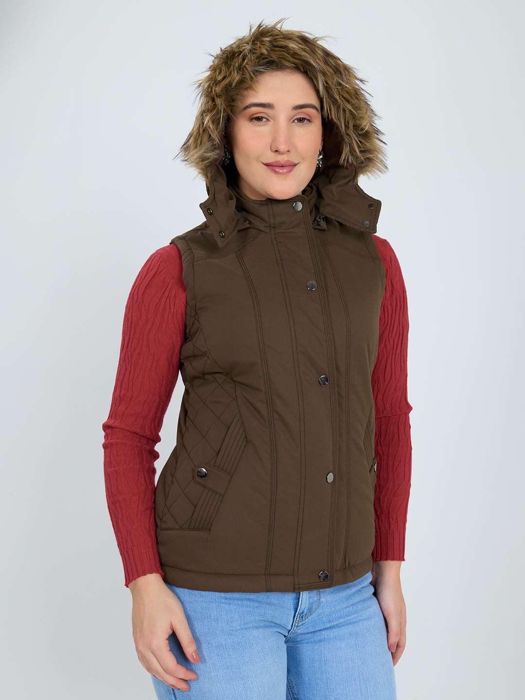 Women Brown Solid Detachable Hood Sleeveless Jacket