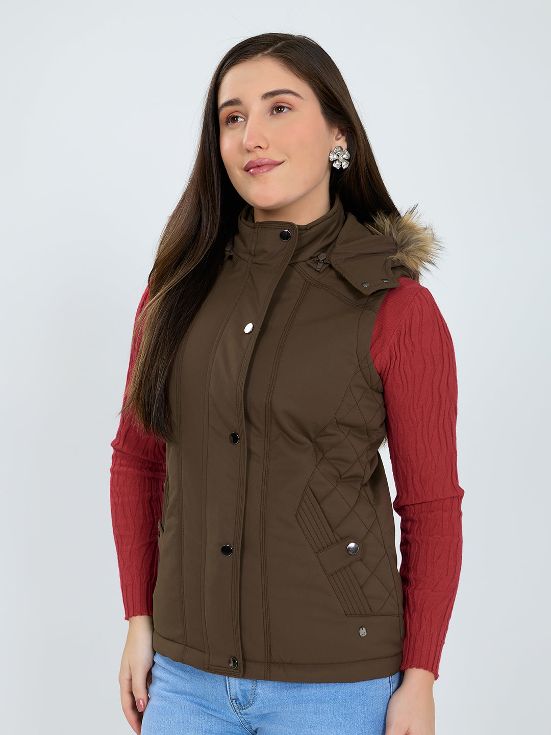 Women Brown Solid Detachable Hood Sleeveless Jacket