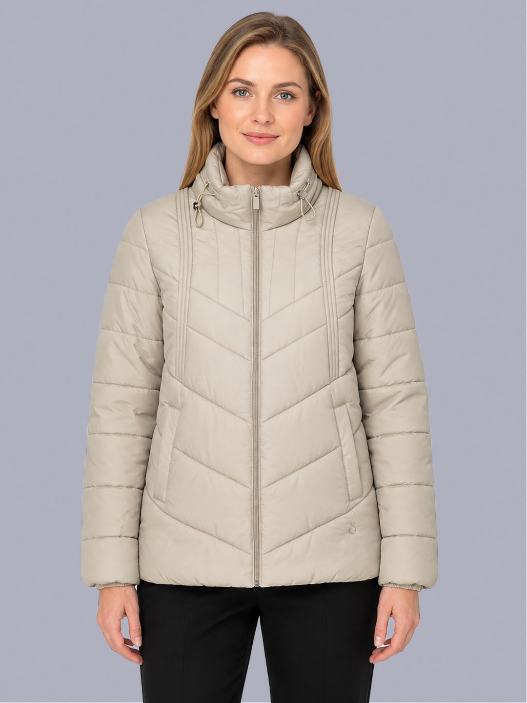 Women Beige Solid Stand Collar Full Sleeve Puffer Jacket