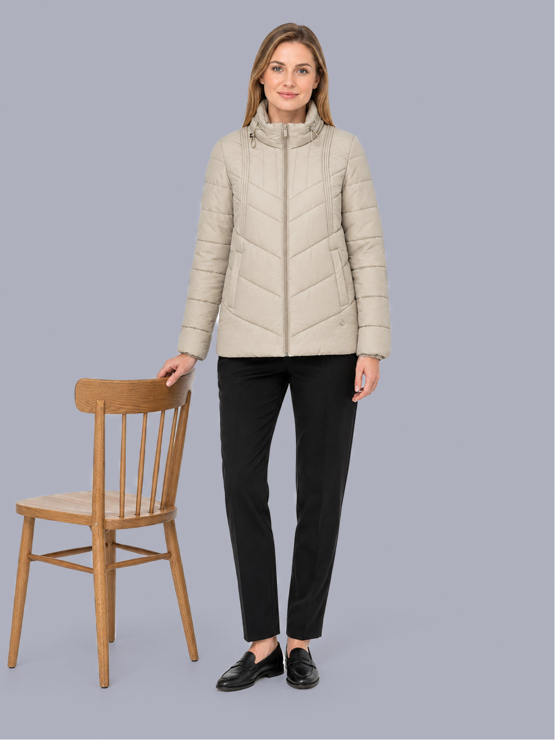 Women Beige Solid Stand Collar Full Sleeve Puffer Jacket