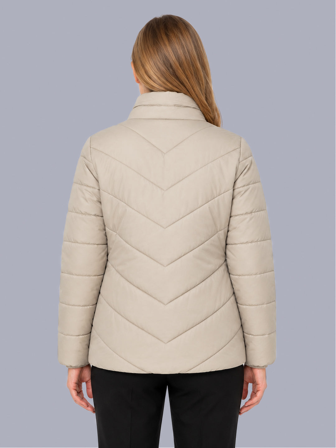 Women Beige Solid Stand Collar Full Sleeve Puffer Jacket