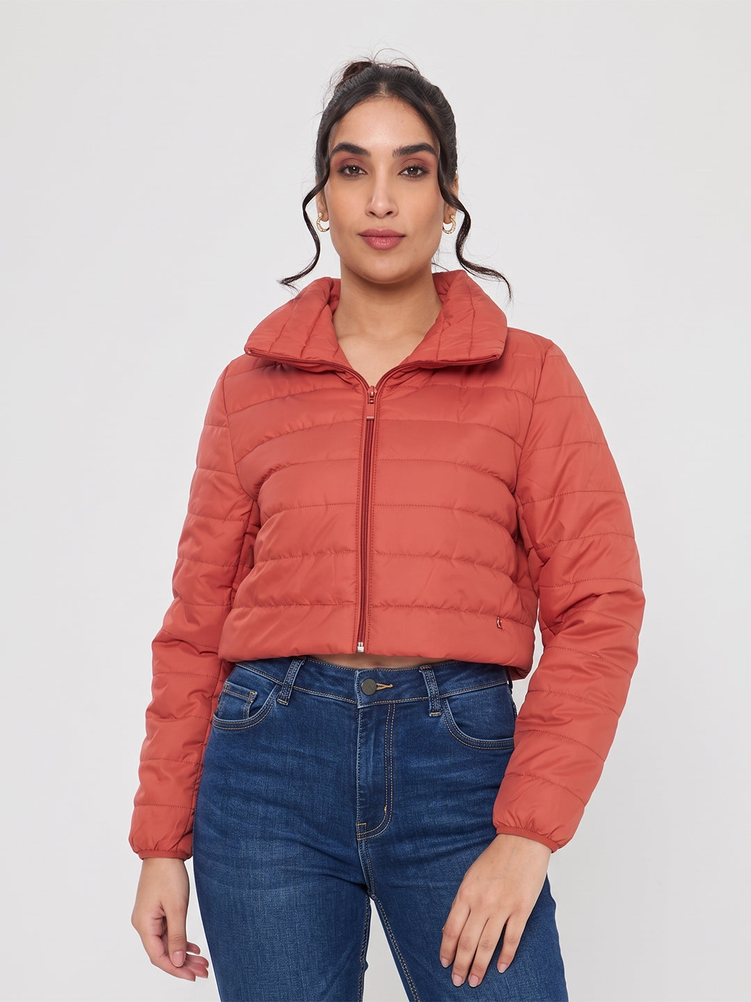 Women Rust Solid Collar Full Sleeve Puffer Crop Jacket