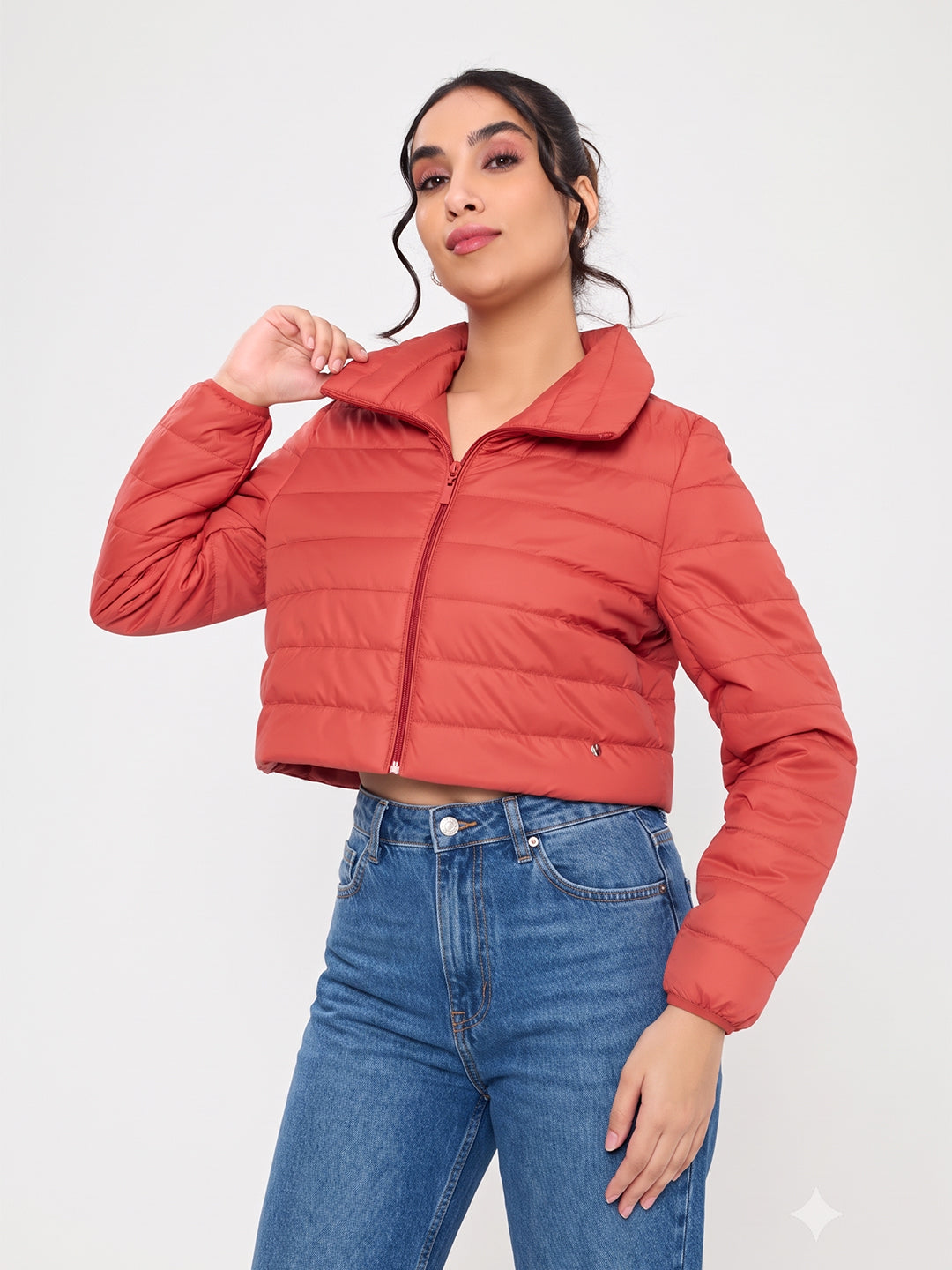 Women Rust Solid Collar Full Sleeve Puffer Crop Jacket