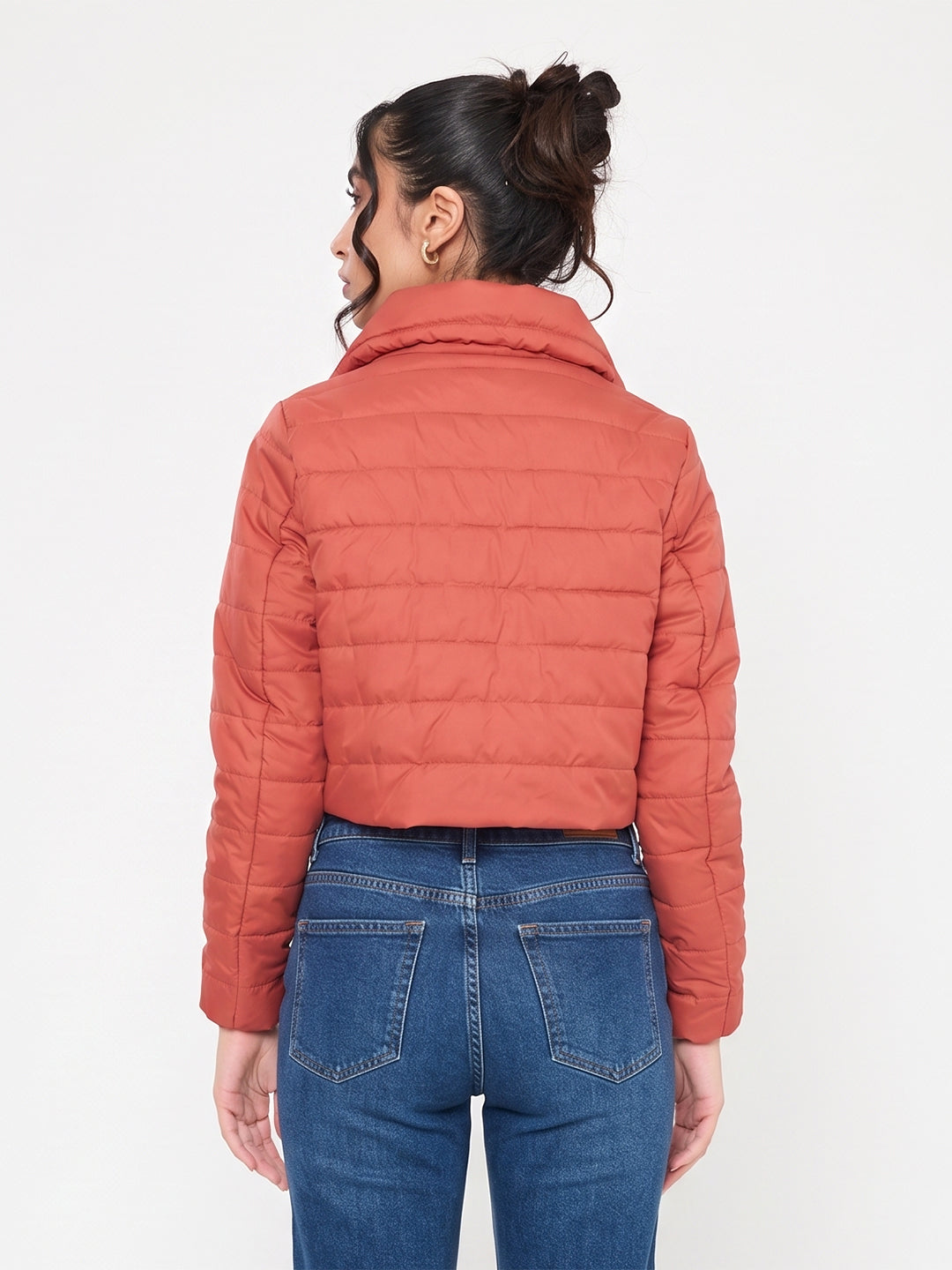 Women Rust Solid Collar Full Sleeve Puffer Crop Jacket