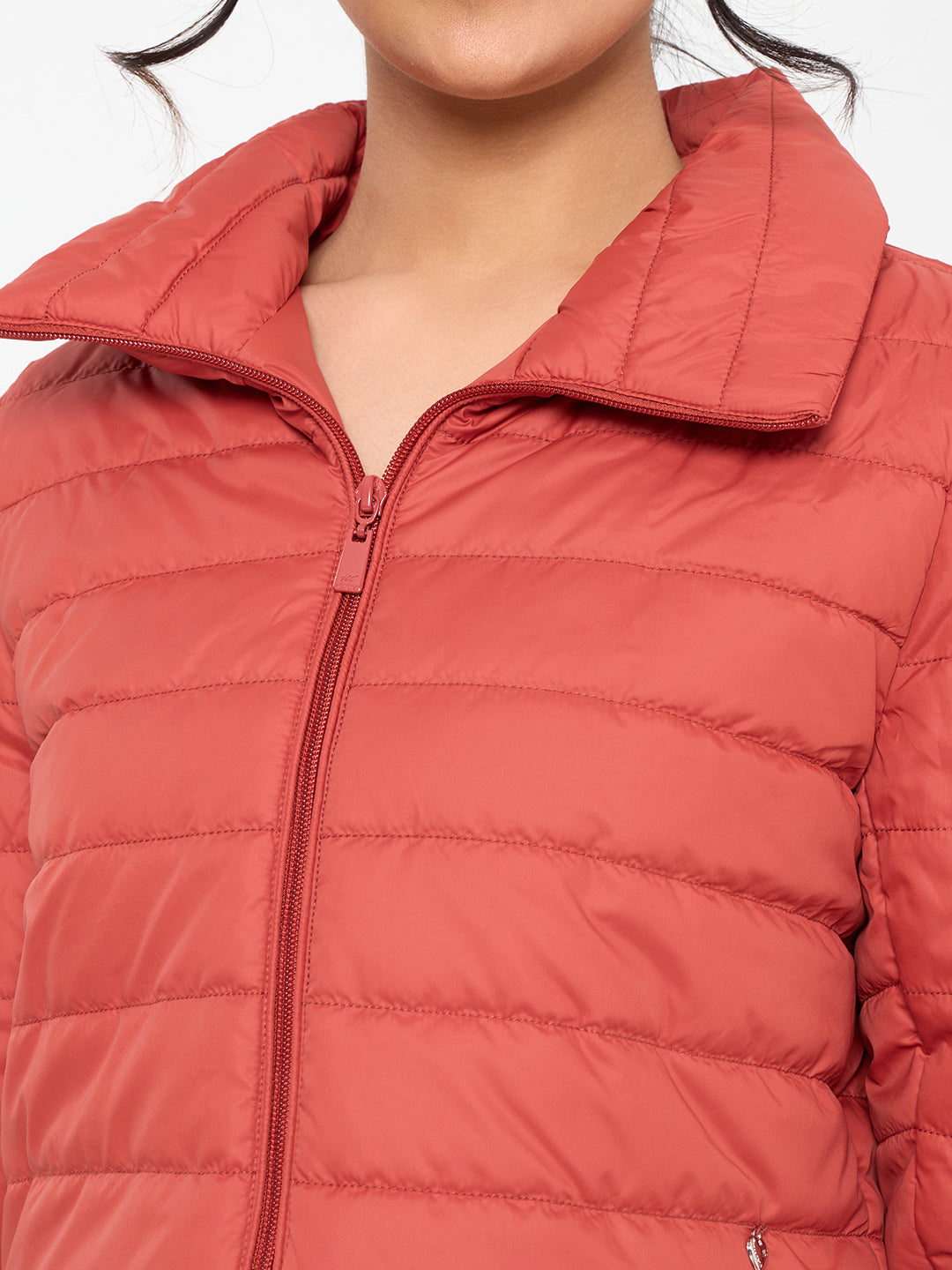 Women Rust Solid Collar Full Sleeve Puffer Crop Jacket