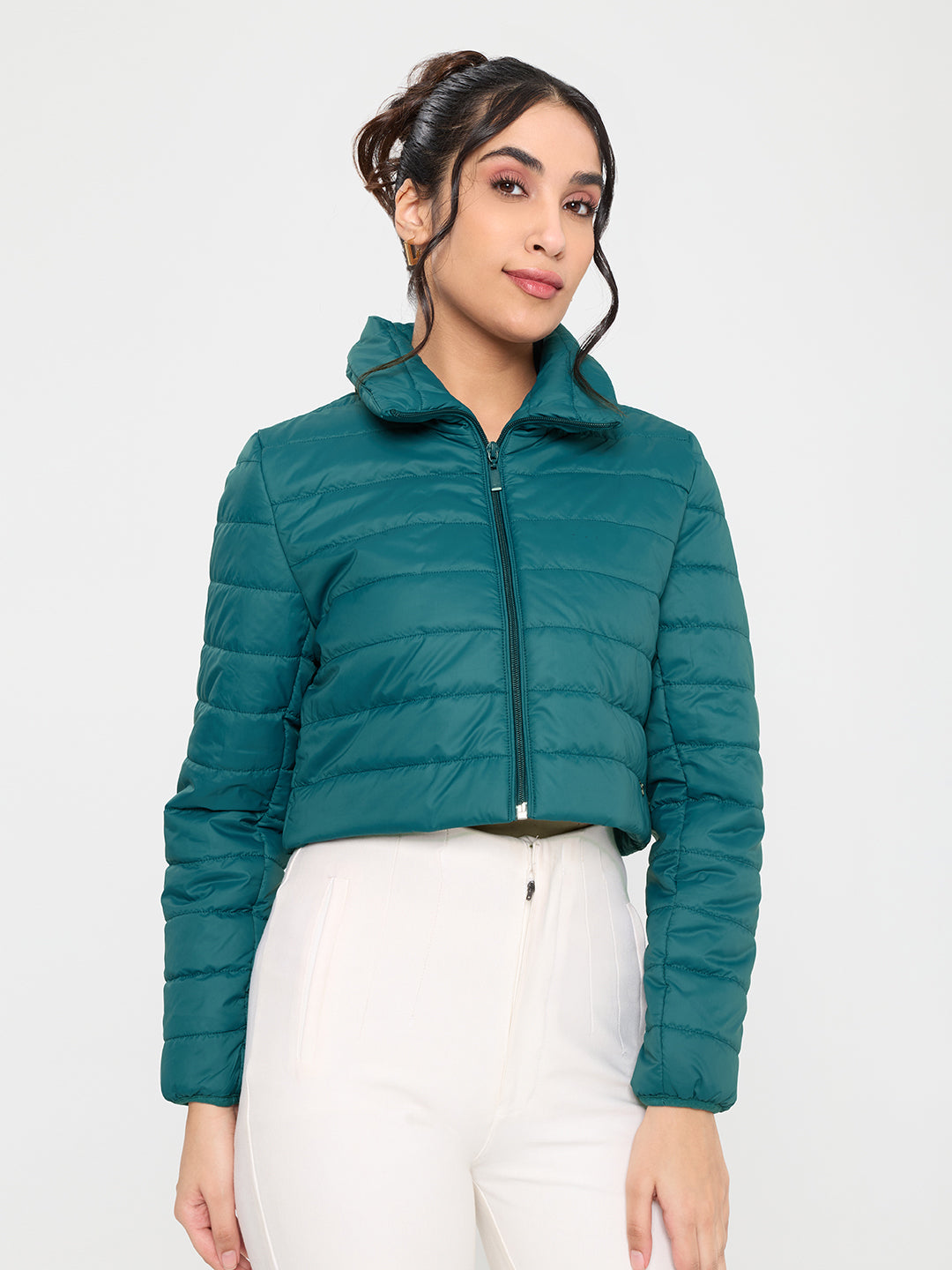 Women Teal Blue Solid Collar Full Sleeve Puffer Crop Jacket