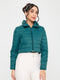 Women Teal Blue Solid Collar Full Sleeve Puffer Crop Jacket