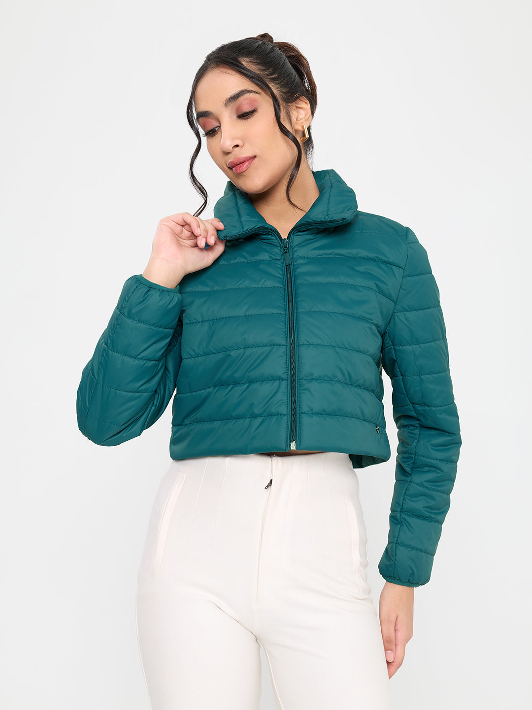 Women Teal Blue Solid Collar Full Sleeve Puffer Crop Jacket