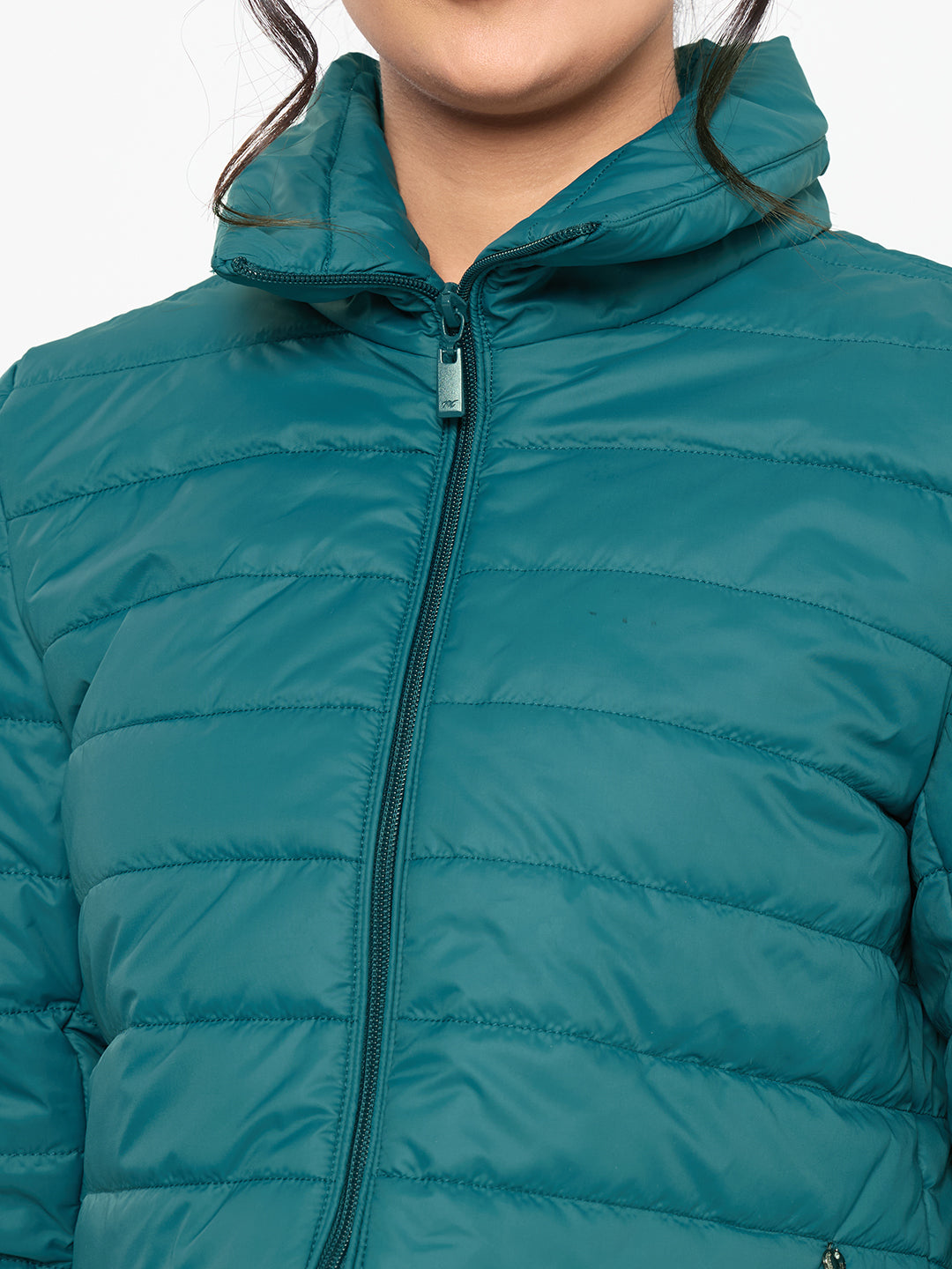 Women Teal Blue Solid Collar Full Sleeve Puffer Crop Jacket