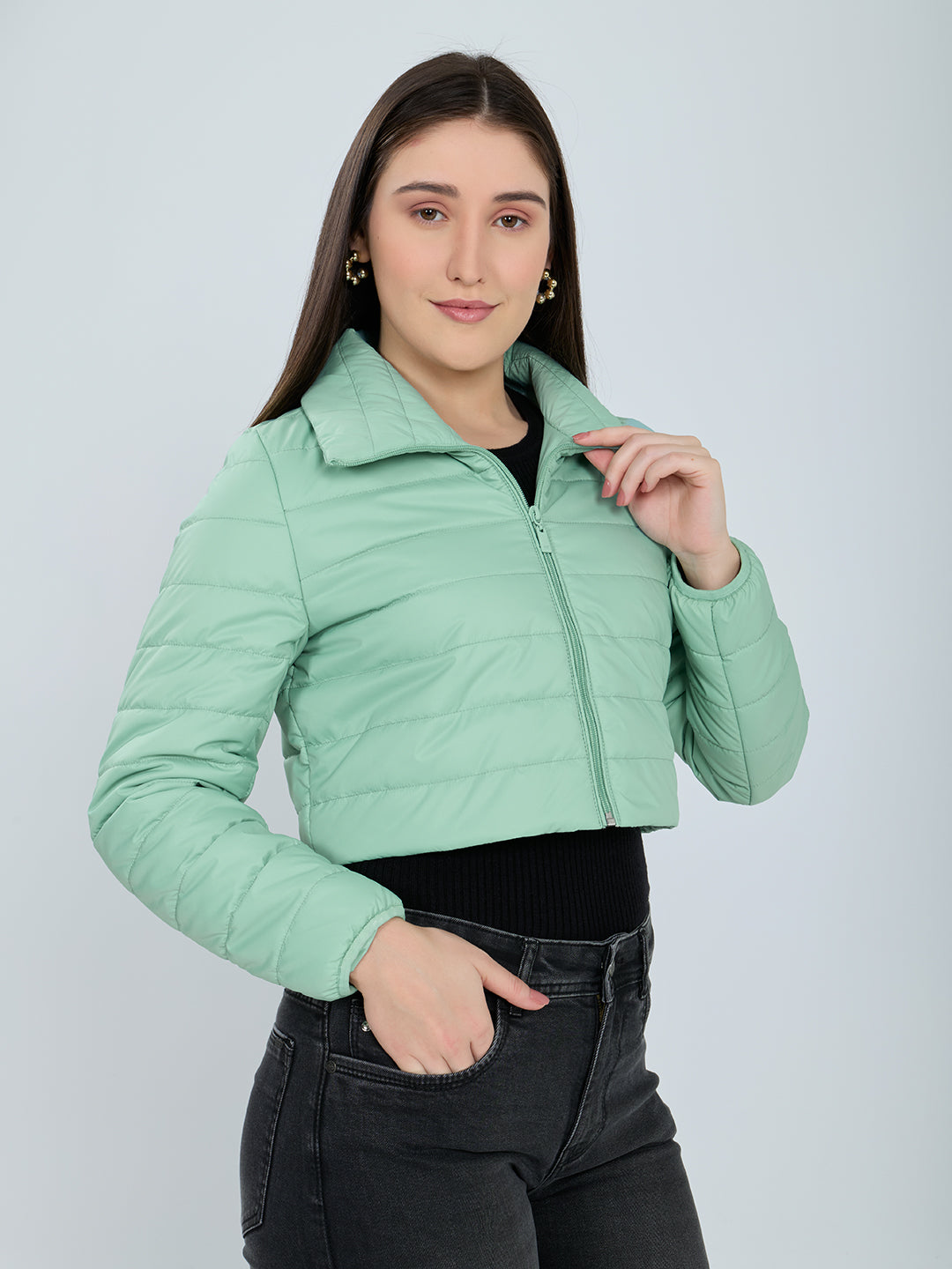 Women Light Green Solid Collar Full Sleeve Puffer Jacket