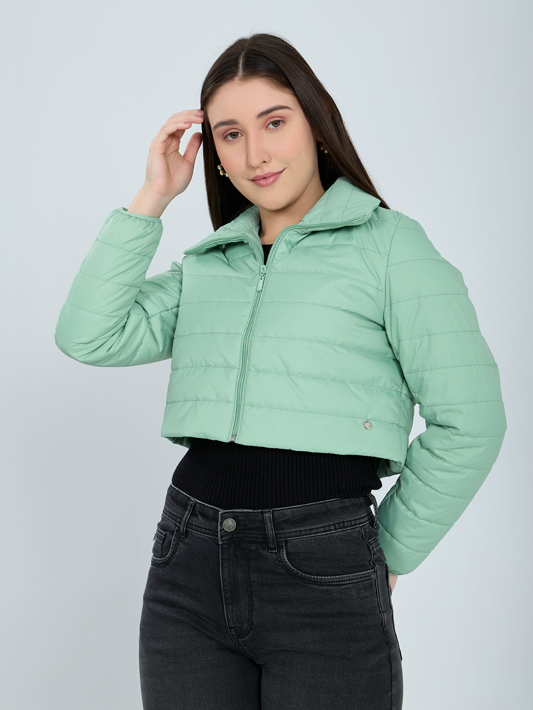 Women Light Green Solid Collar Full Sleeve Puffer Jacket