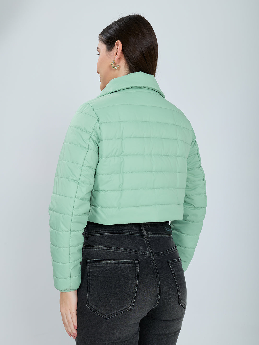 Women Light Green Solid Collar Full Sleeve Puffer Jacket
