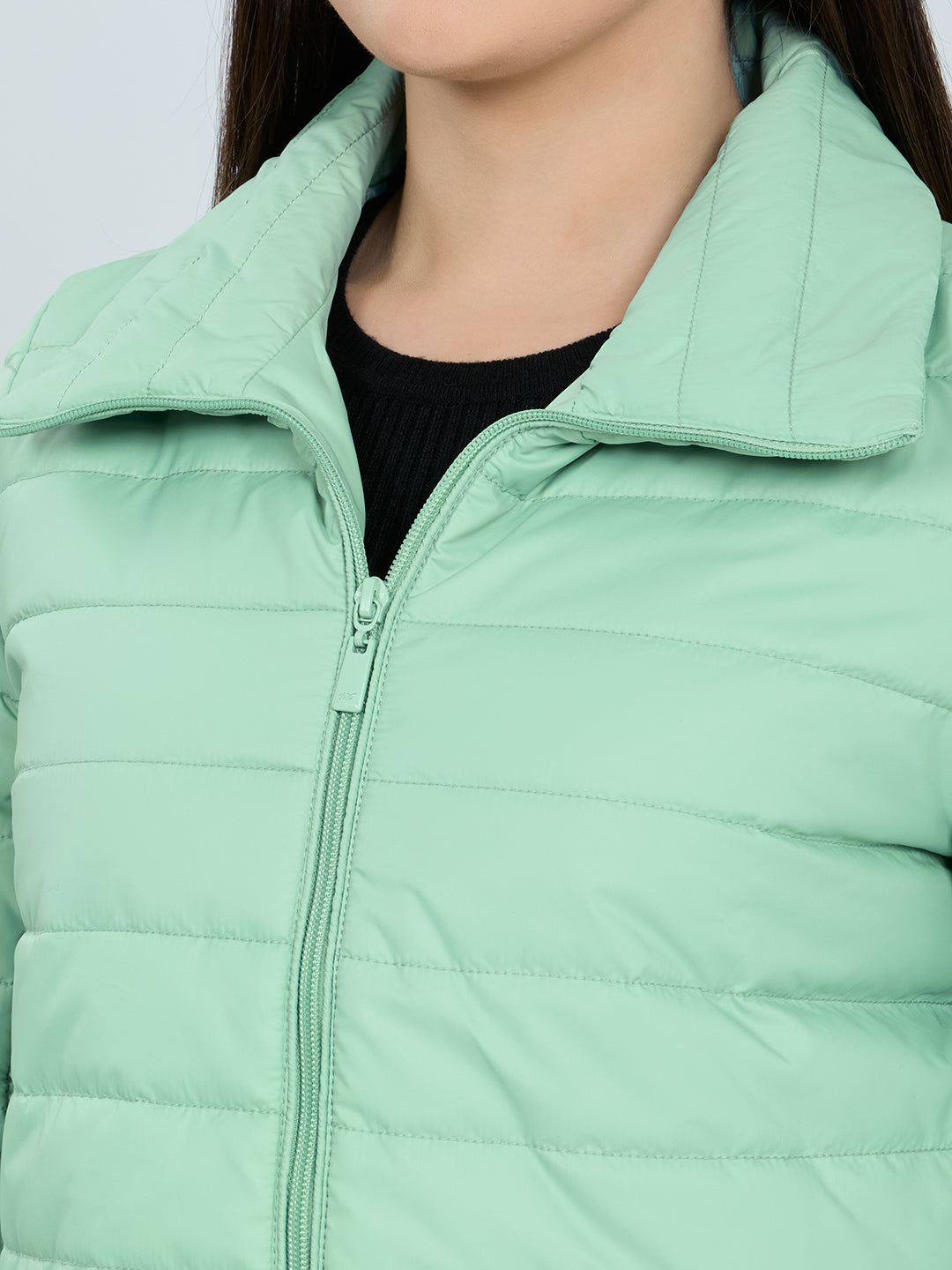 Women Light Green Solid Collar Full Sleeve Puffer Jacket