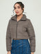 Women Grey Solid Collar Full Sleeve Puffer Crop Jacket