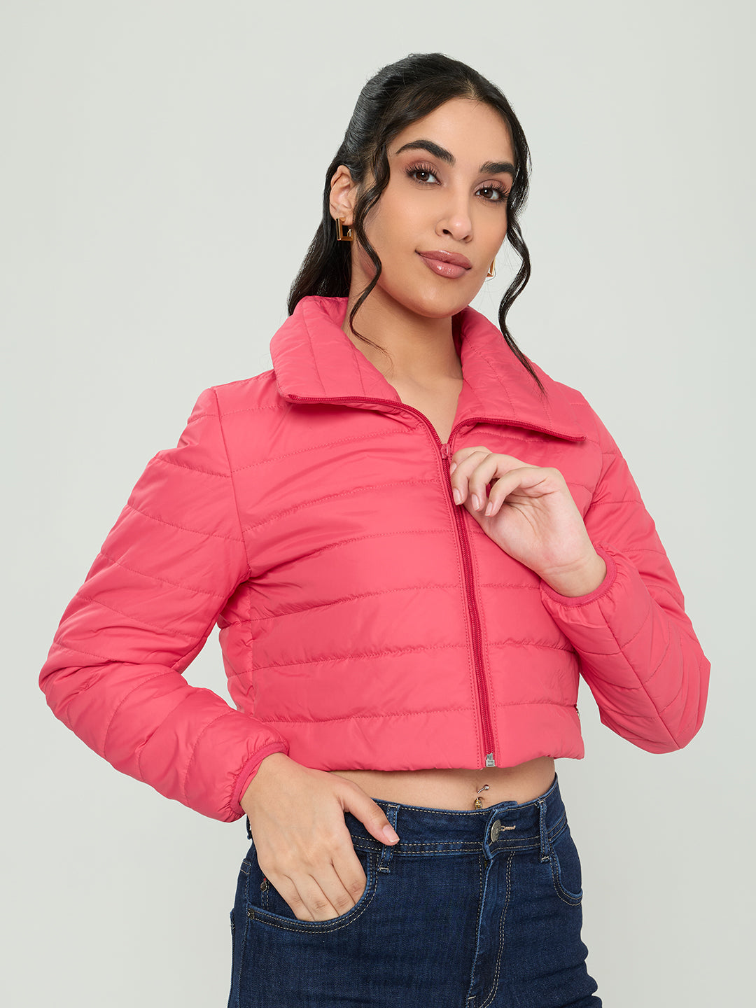 Women Pink Solid Collar Full Sleeve Puffer Crop Jacket