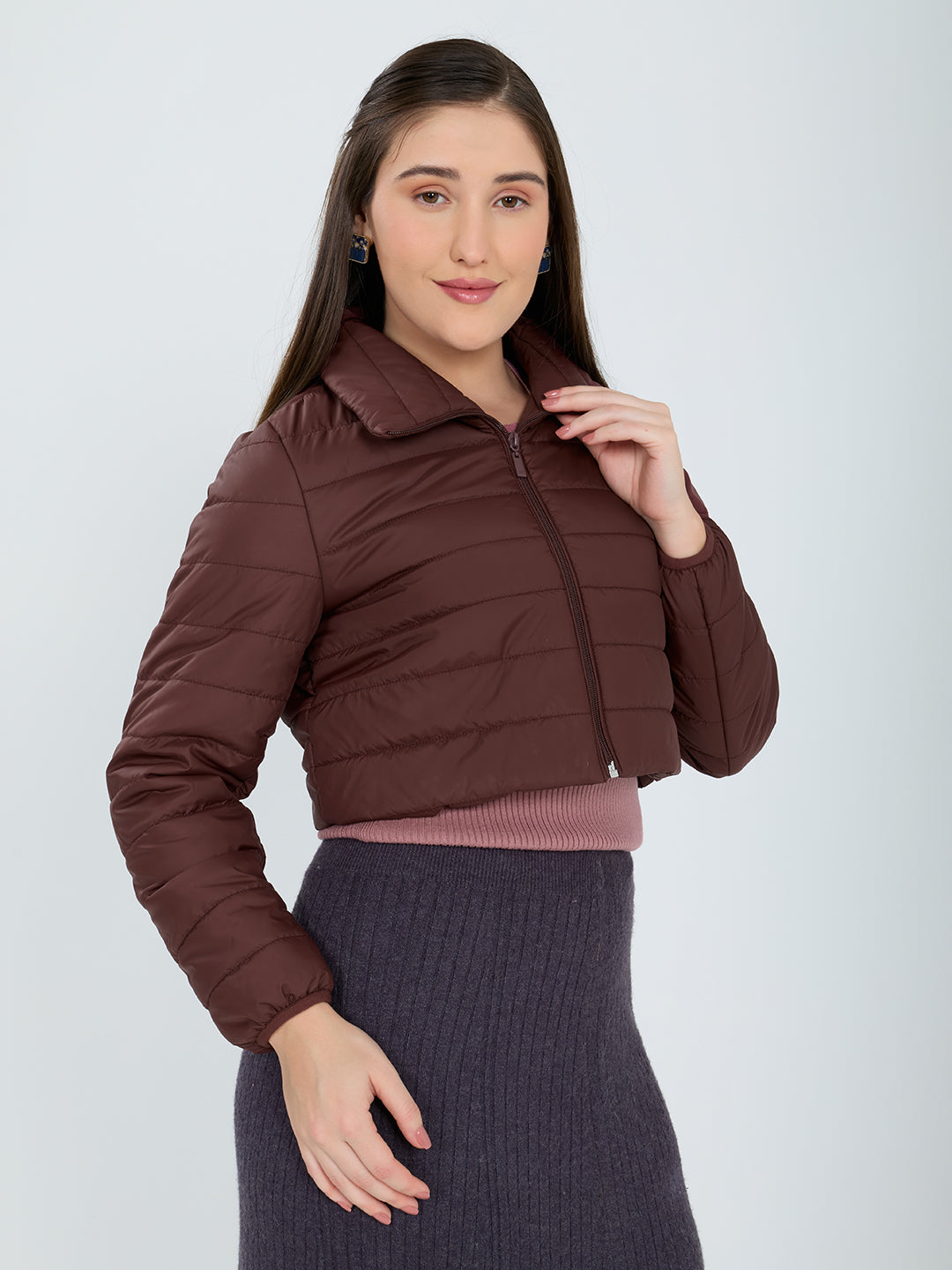 Women Burgundy Solid Collar Full Sleeve Puffer Jacket