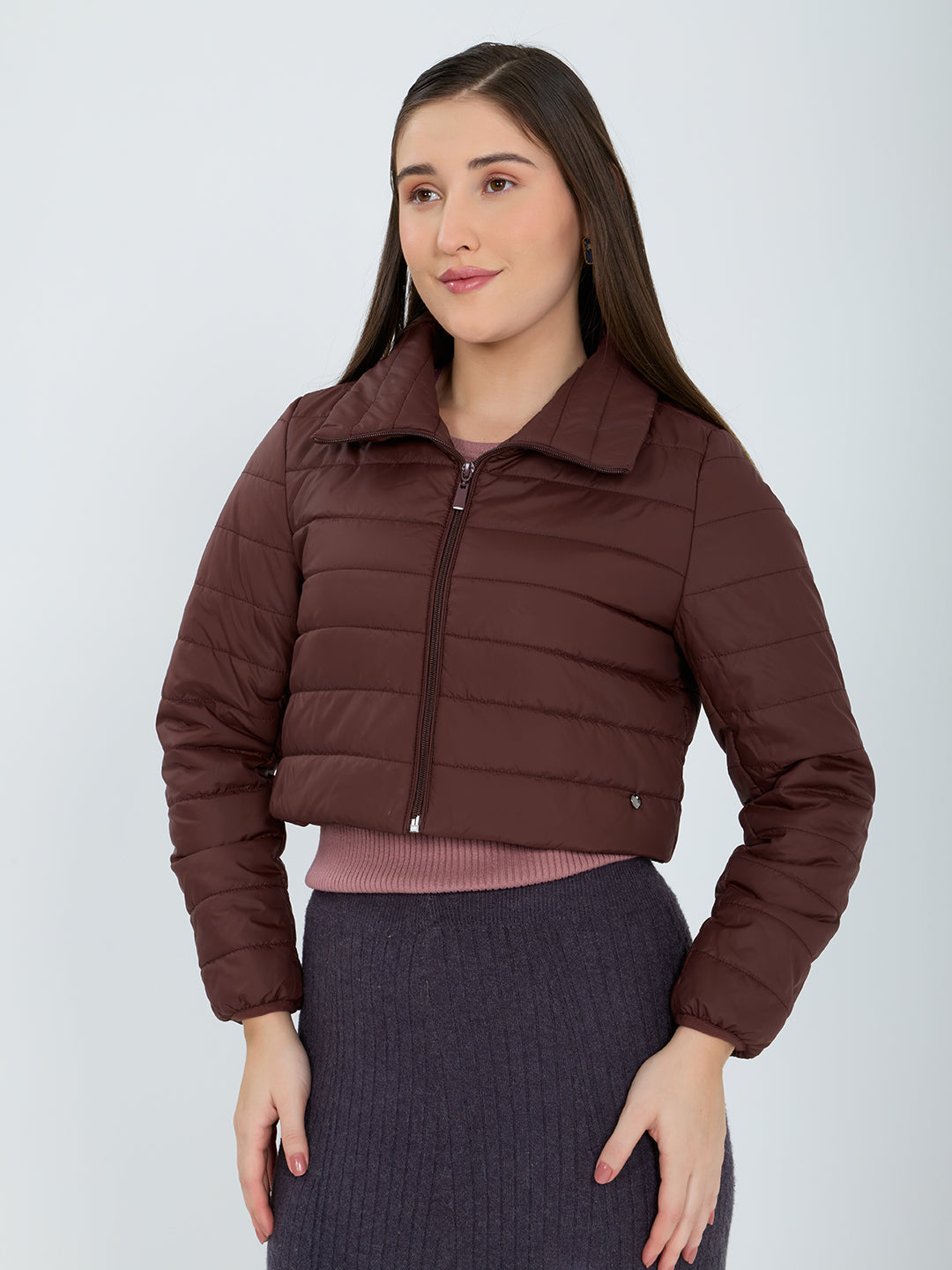 Women Burgundy Solid Collar Full Sleeve Puffer Jacket